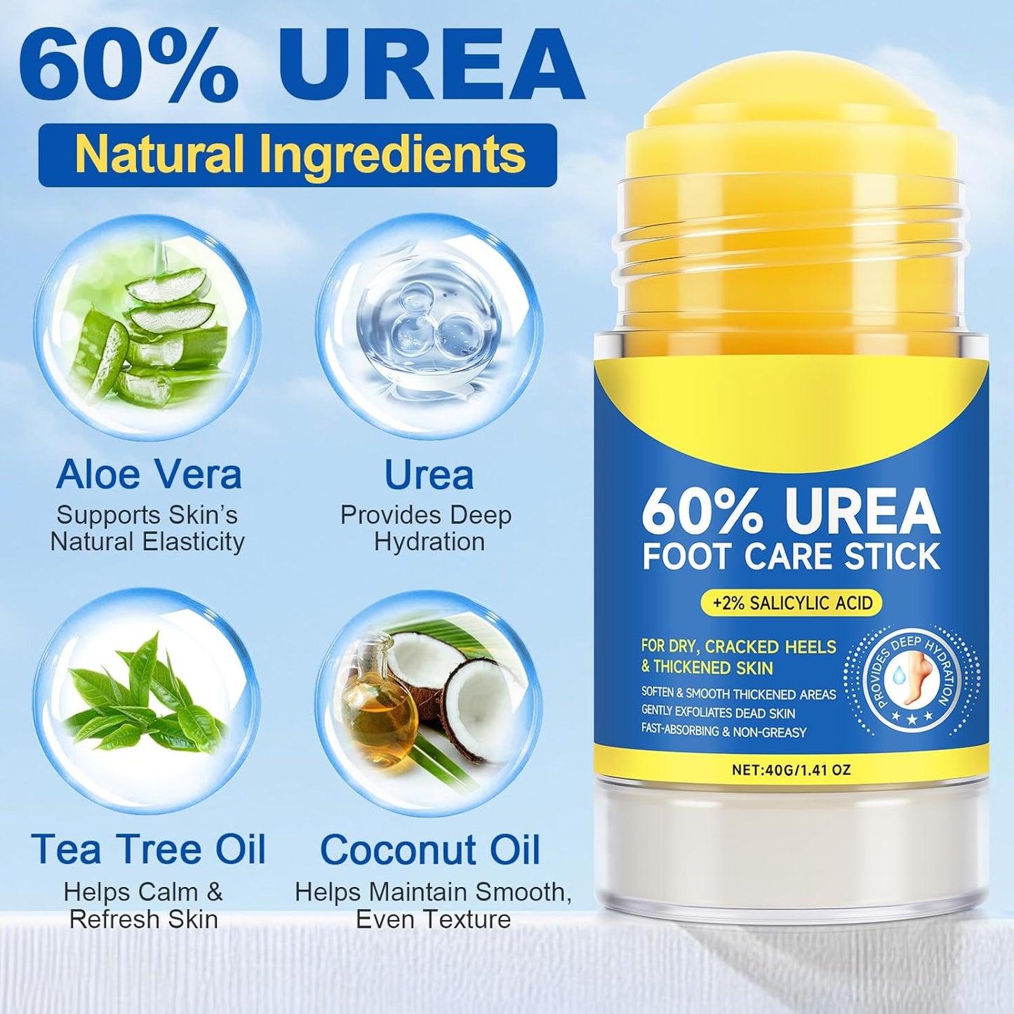 Urea Cream 60% Hydrating Foot Care Stick, 1.41 Fl Oz Foot Cream Moisturizer for Dry Cracked Feet & Hands, Feet Lotion Fast Repairs Rough Heels, Callus Remover