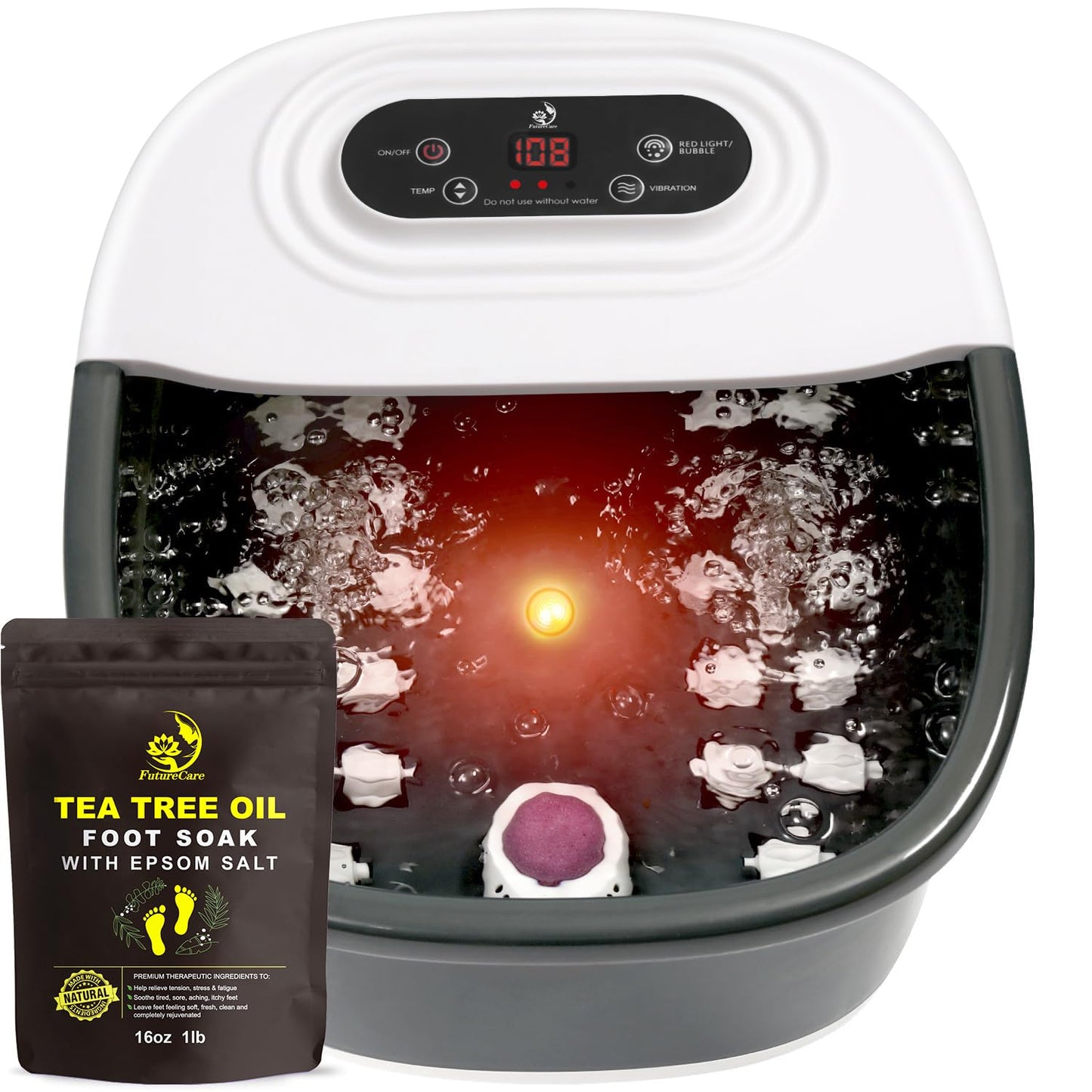 Foot Spa Bath Massager with Heat Bubbles and Vibration Massage and Jets, 16 OZ Tea Tree Oil Foot Soak Epsom Salt, Foot Soaker with Red Light, 22 Massage Rollers, Adjustable Temp -Black