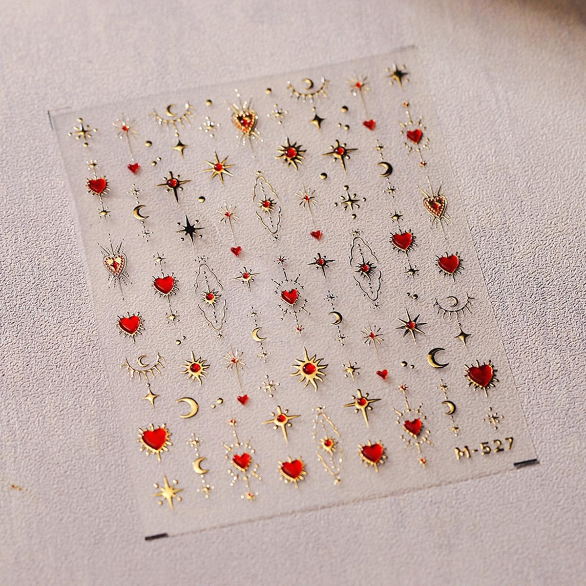 Heart Nail Art Stickers Red Nail Decals with Gold Design Star Moon Nail Sticker 5D Embossed Self Adhesive Nails Charms for Women Girls Kid Manicure Supply DIY Decoration Accessories