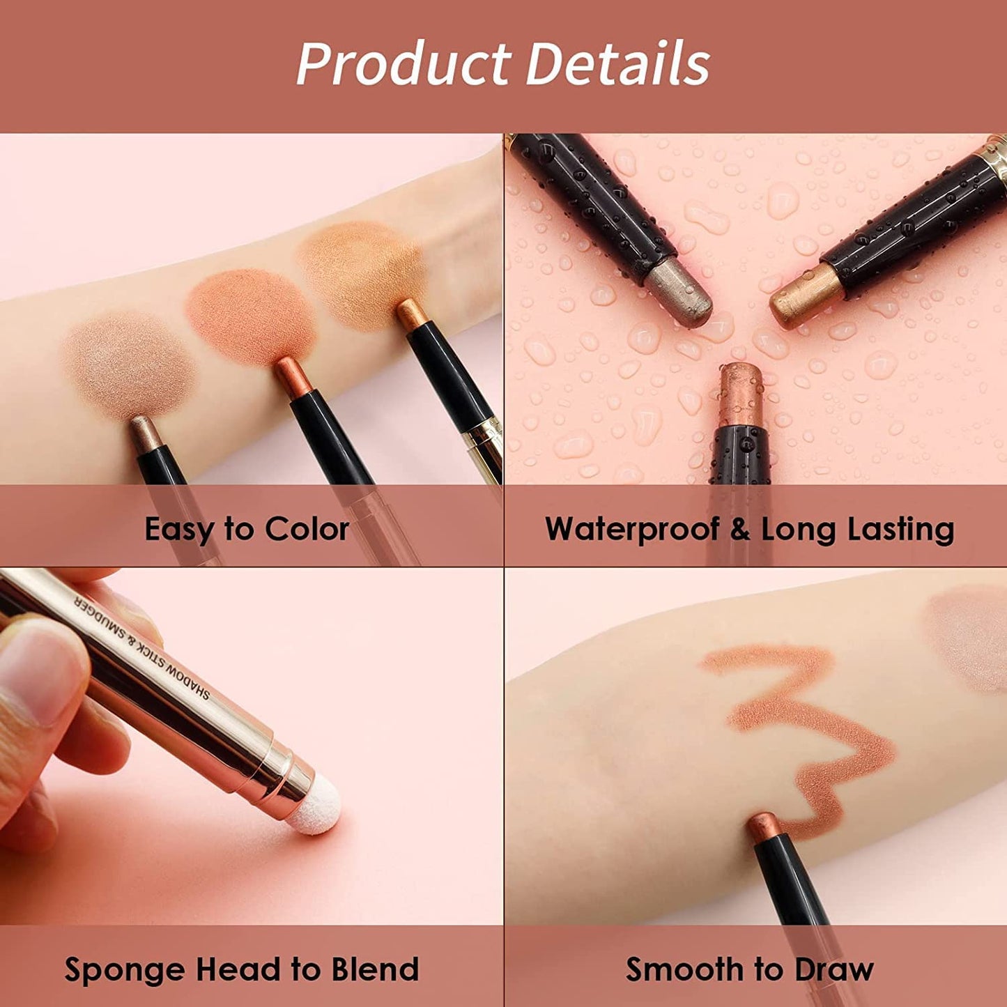 Rose Red Shimmer Eyeshadow Stick Makeup, Smooth Cream shimmer Glitter Eyeshadow Pencil Long Lasting Waterproof Eye Shadow Highlighter Makeup, Hypoallerge(Light rose red shimmer 06)