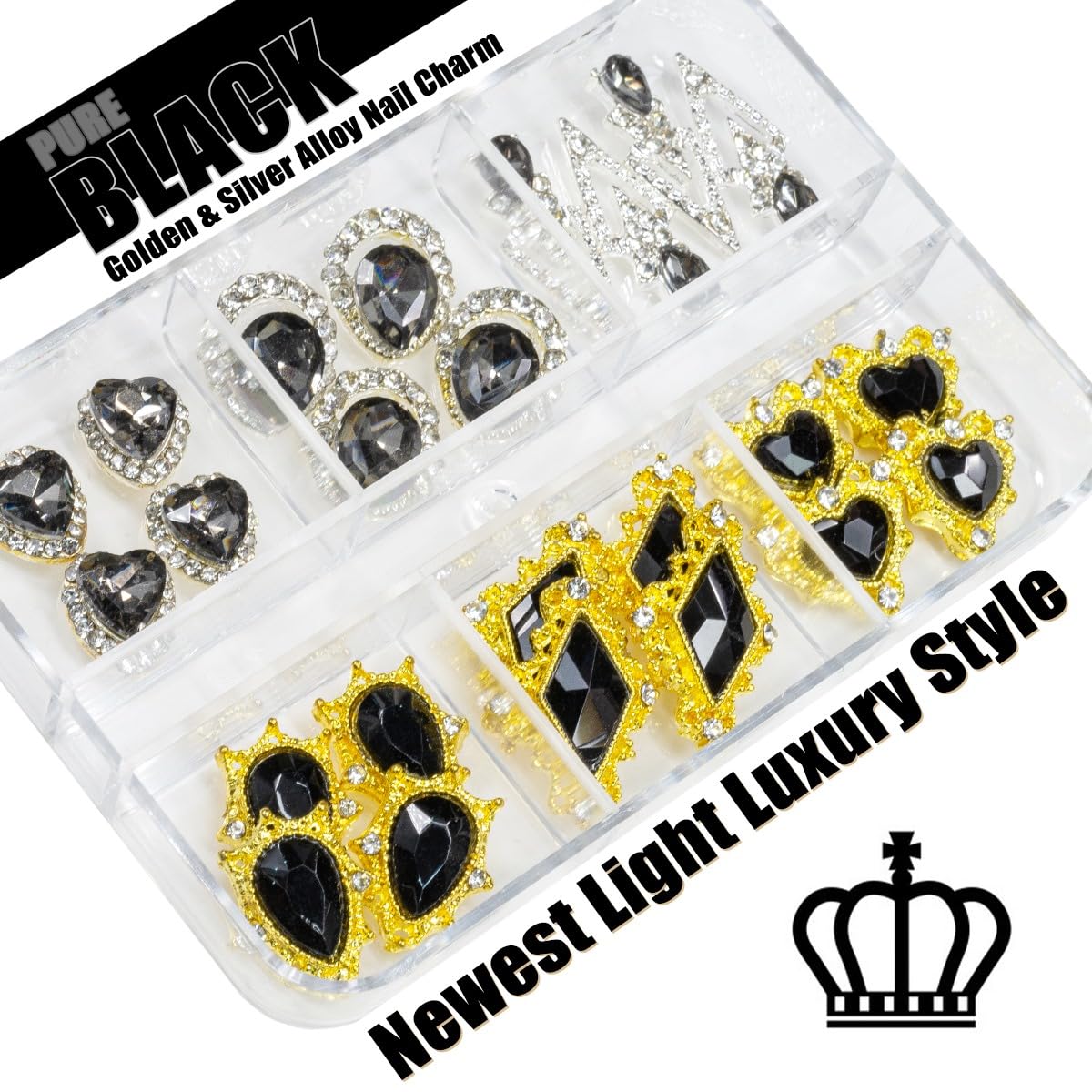 24pcs Black Nail Rhinestones Luxury Nail Charms Jet Black Heart Charms for Nails 3D Big Nail Gems K9 Glass Crystals Diamonds Jewelry Stones Alloy Nail Art Studs Nail Art Decor for Arylic Nails Crafts