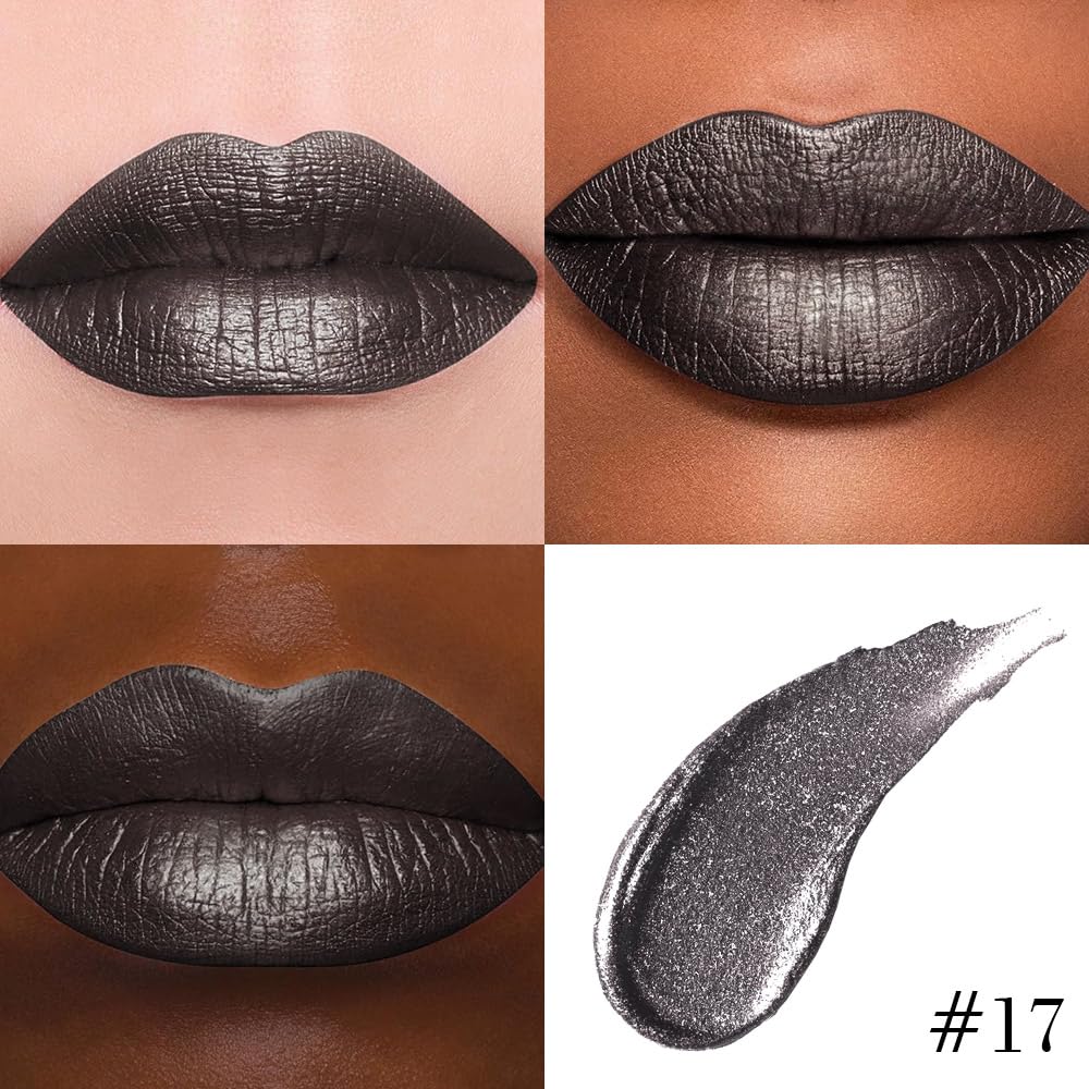 evpct Black Metallic Glitter Lip Liner and Lipstick Combo Lip Gloss Stain Set Makeup for Women Long Lasting Waterproof 24, Goth Gothic Halloween Metallic Shimmer Frosted Iridescent Liquid Lipstick 17
