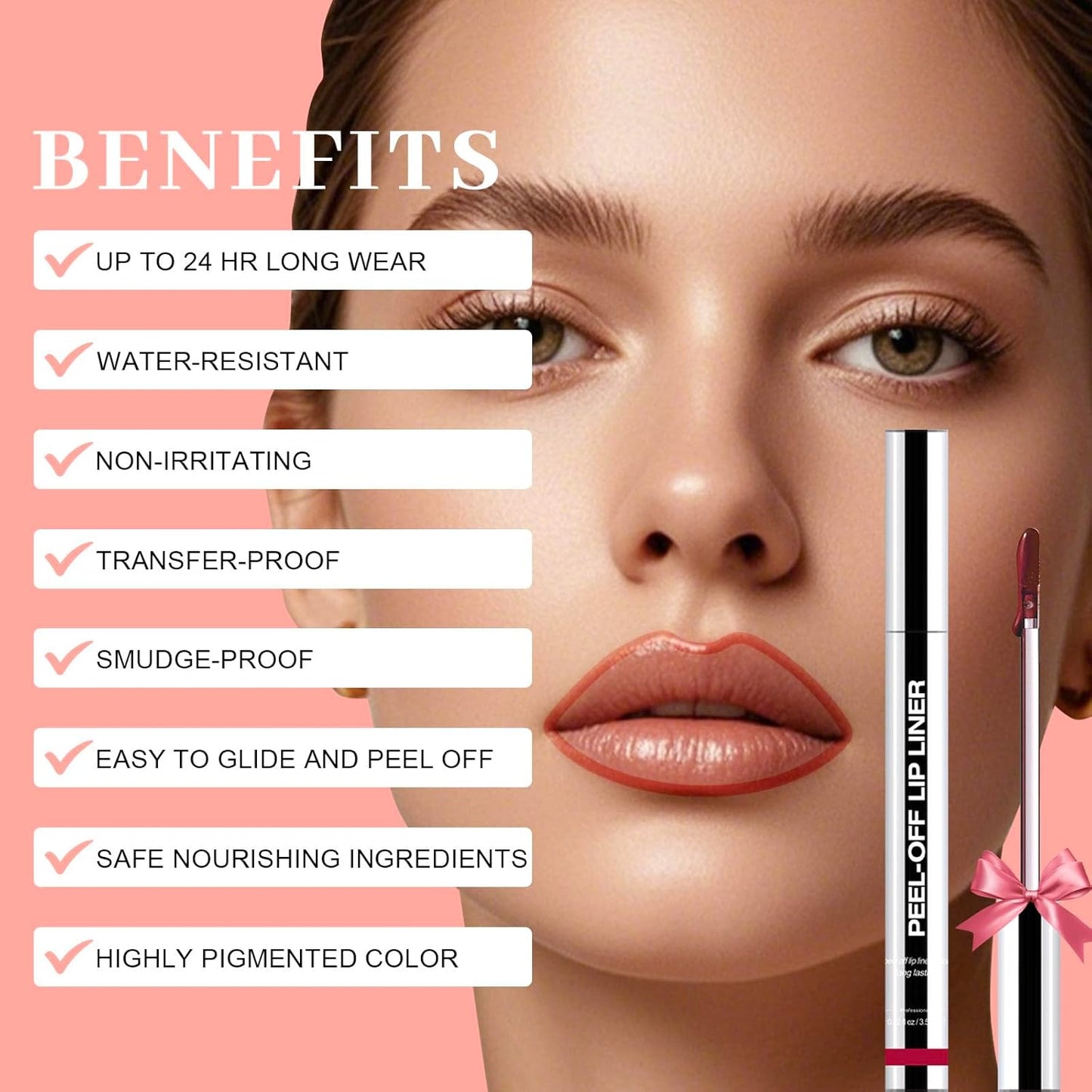 Peel Off Lip Liner Stain - Long Lasting Natural Lip Stain Transfer-proof Lip Liner, Moisturizing Waterproof Lip Gloss Stain, Highly Pigmented Color for All Skin, Ideal Gifts for Women (Nude Pink)