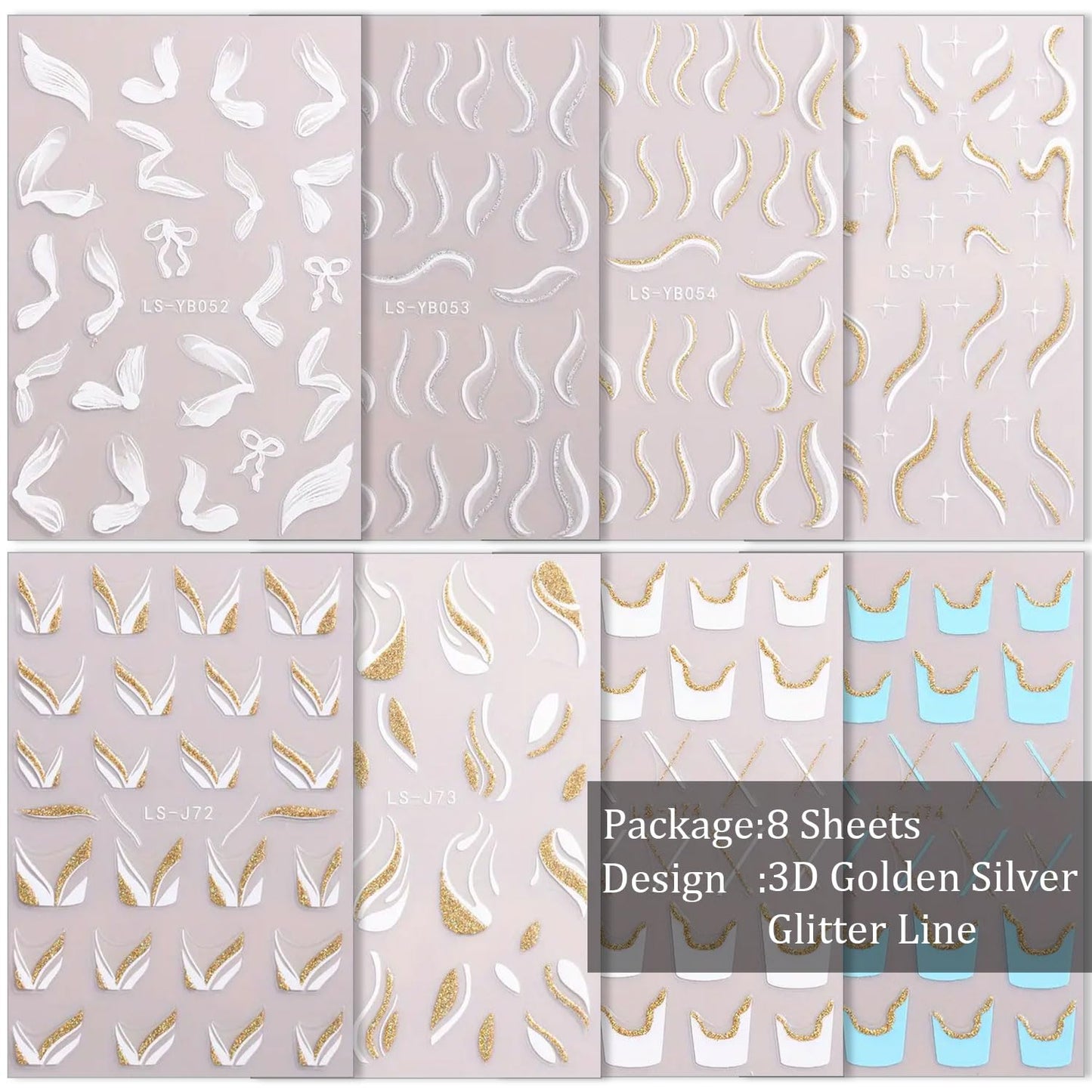 French Tips Nail Stickers for Nail Art, 8 Sheets Self-Adhesive Matte Gold & Silver Designs for Gel Polish and Almond Nails, French Tip Nail Stickers for Weddings Almond Nails Gel Polish