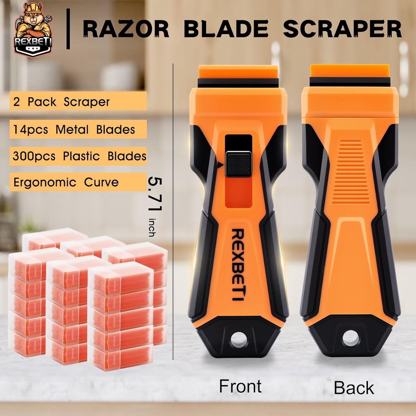 REXBETI Razor Blade Scraper Tool, 2 Pack Razor Scraper with Extra 314Pcs Razor Blades -14Pcs Metal and 300Pcs Plastic Blades, Cleaning Scraper Tool, Cooktop, Paint, Glass Scraper