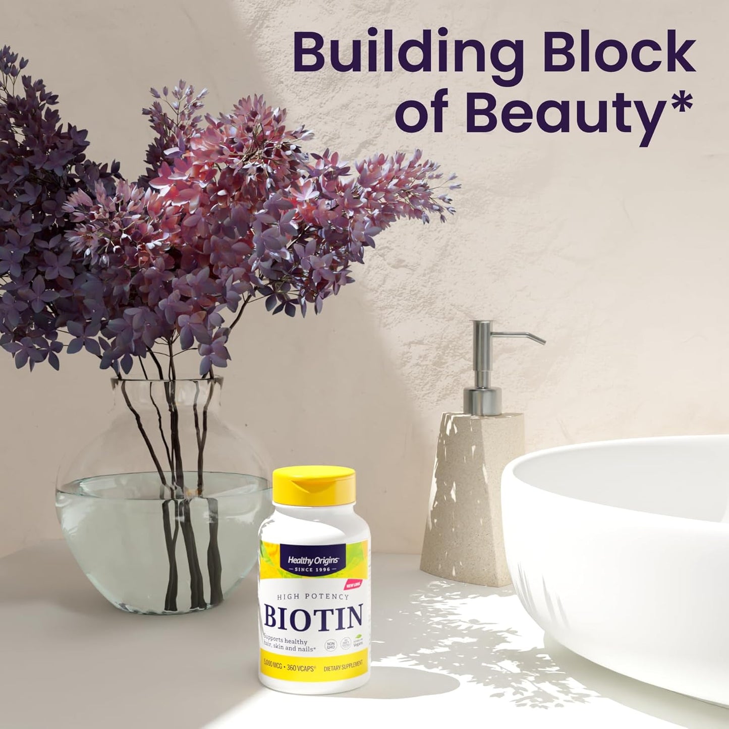 Healthy Origins Biotin 5,000 mcg (USP Grade, Non-GMO, Gluten Free, Hair Support, Nail Support), 360 Veggie Caps