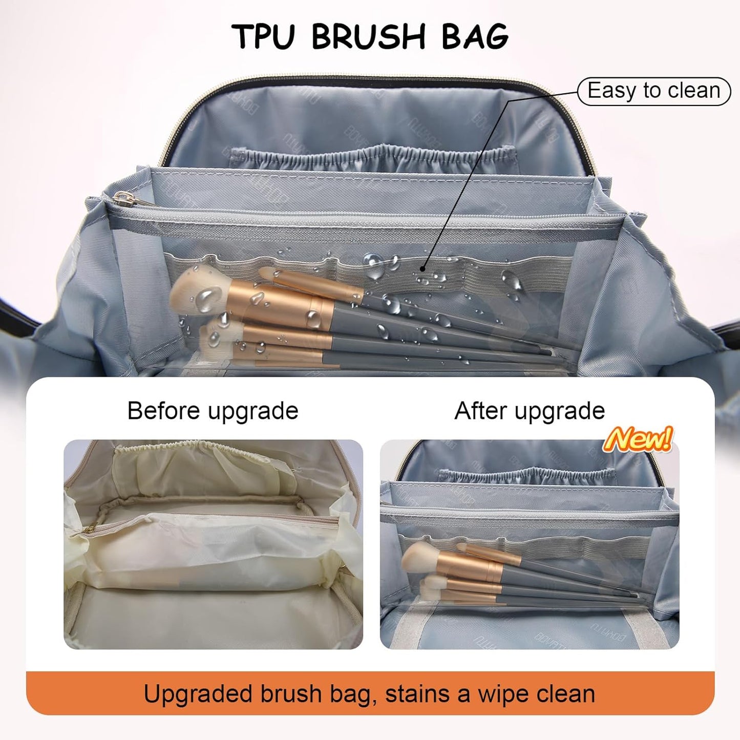 BOYATU Travel Makeup Bags Cosmetic Organizer Bag: 3-Set Large Capacity Make up Bag - PU Leather Toiletry Bags for Women - Wide Open Portable Pouch with Divider & Handle (09-Orange brown)