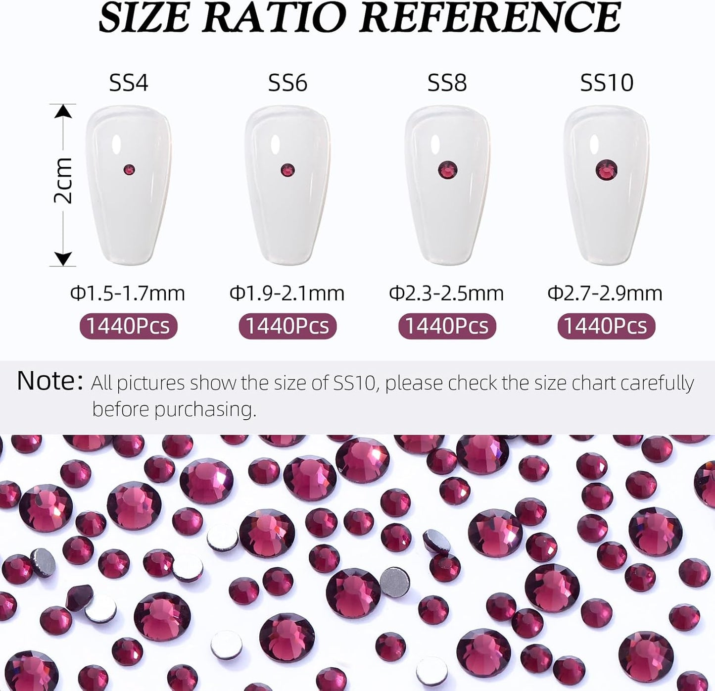 Purple Flatback Rhinestones, Glass Rhinestones for Nail Art and Craft, Glue Fix, Loose Crystal Gemstones(Purple, SS6, 1440pcs, 1.9-2.0mm)