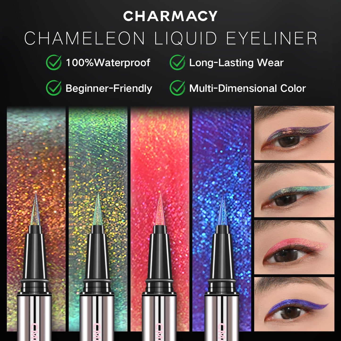 CHARMACY New Chameleon Liquid Eyeliner, Liquid Glitter Eyeliner, Highly Pigmented, Metallic MultiColor Shifting waterproof Eyeliner, Ultra-Fine Tip, Longwearing, Smudge-proof (A02 Mystic Mirage)