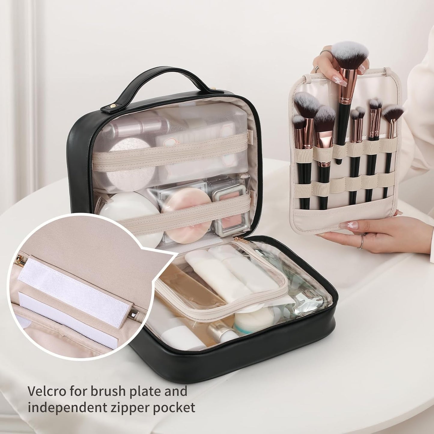 RIGHT AWAY Travel Toiletry Bag for Women, Makeup Bag& Cases, Waterproof Makeup Organizer Cosmetic Bag with Compartments,Portable Make Up Bag for Travel Size Toiletries,Skincare,Brushes Set,Black