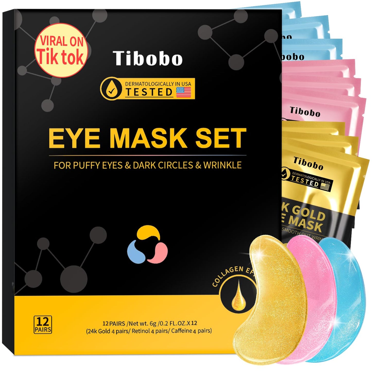 Under Eye Patches(12 Pairs), 24K Gold, Caffeine, Retinol Eye Masks for Puffy Eyes, Wrinkles, Dark Circles, Undereye Bags Treatment - Restoring & Awakening & Moisturizer Skin care Gift for Women