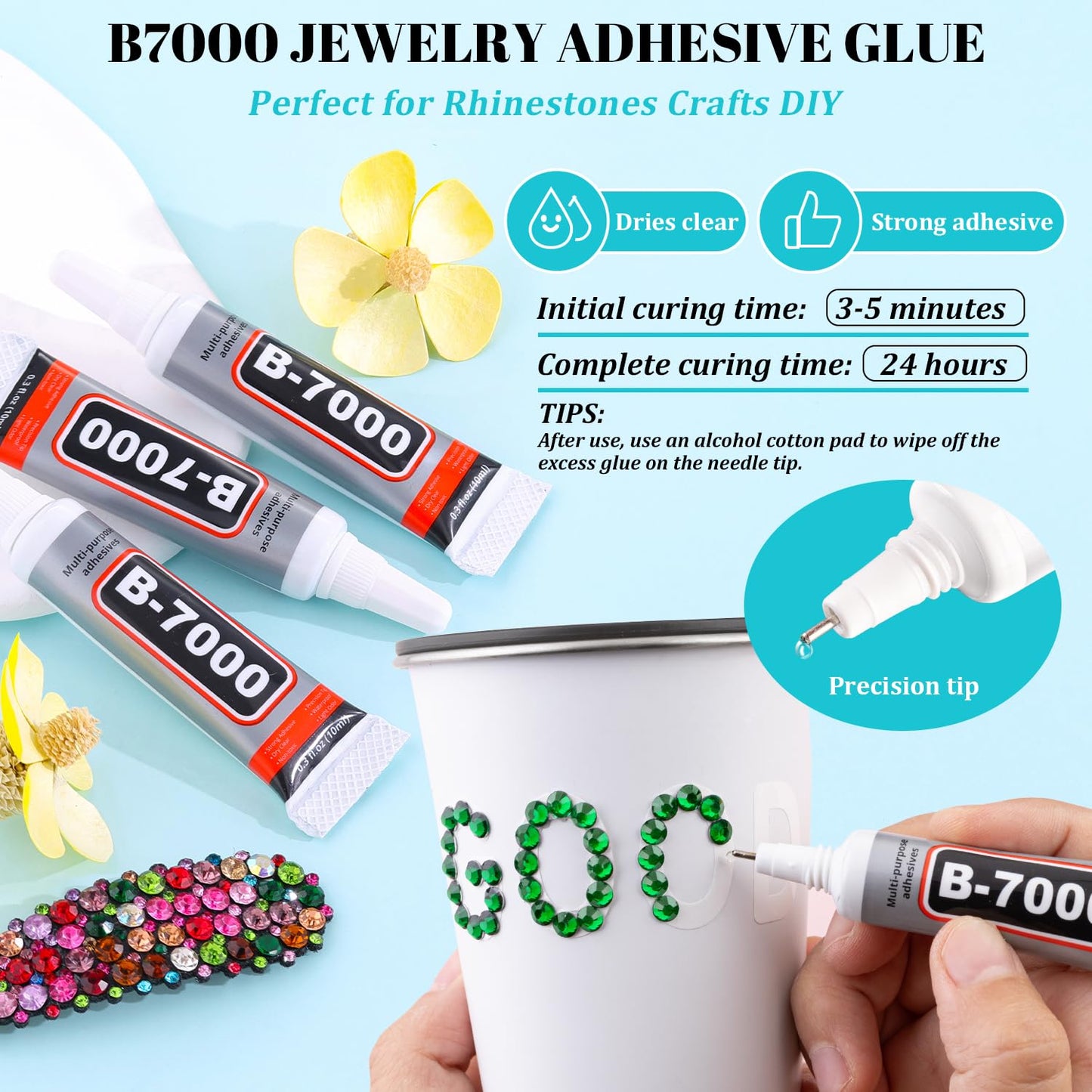 6100Pcs Resin Rhinestones for Crafting with 2Pcs 10ml B7000 Jewelry Glue, 1 Box Flatback Crystals Diamond (Emerald Green) for Bedazzling Crafts DIY Nail Art Non Hotfix Gems for Clothing Shoes
