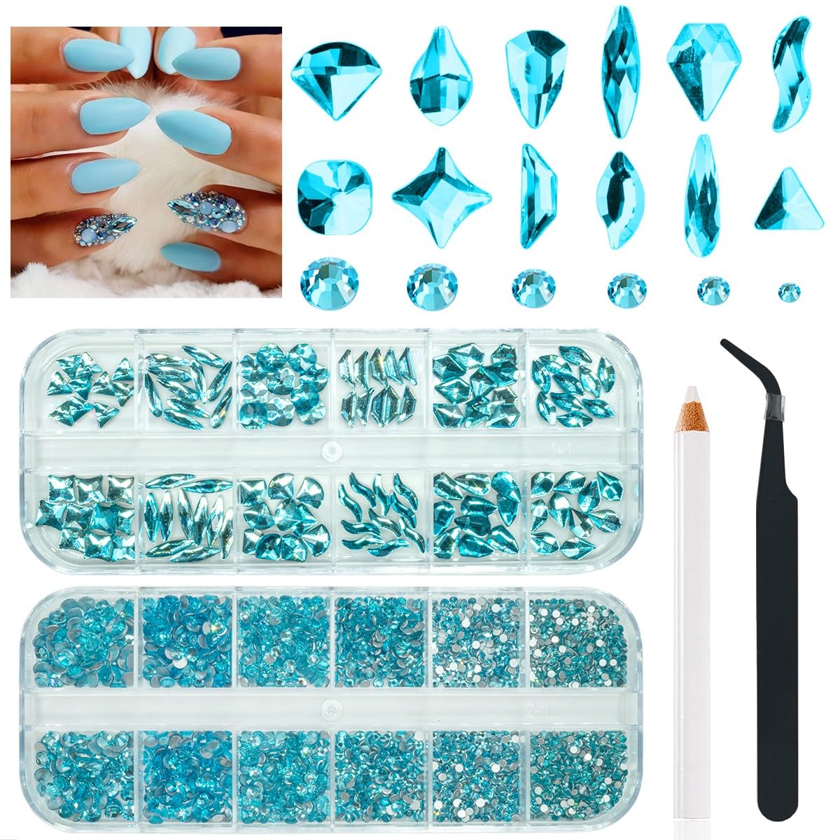 Aquamarine Rhinestones for Nails Lake Blue Nail Rhinestones Multi Shapes Flatback Water Blue Crystals Gems K9 Glass Stones Diamonds jewels Nail Art Supplies Nail Charms for Nails Faces Makeup
