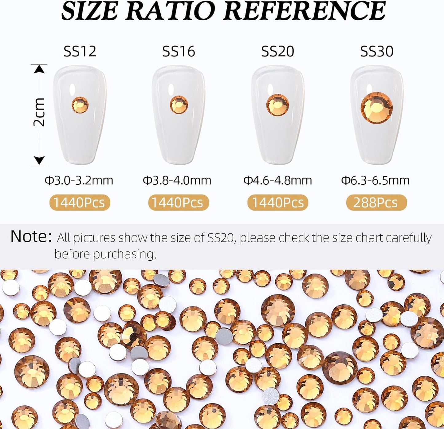 Topaz Flatback Rhinestones, Glass Rhinestones for Nail Art and Craft, Glue Fix, Loose Crystal Gemstones(Topaz, SS12, 1440pcs, 2.9-3.0mm)
