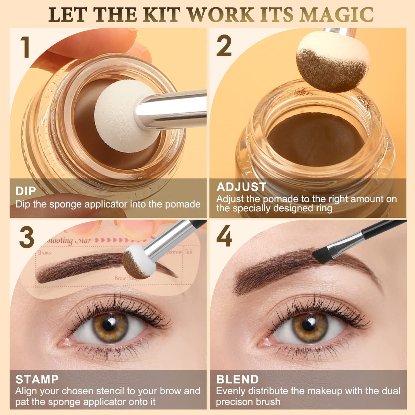 Eyebrow Stamp Stencil Kit ,Brow Stamp Trio Kit with Waterproof Eyebrow Pencil, Eyebrow Pomade, 20 Eyebrow Stencils, Dual-ended Eyebrow Brush and Sponge Applicator - Dark Brown