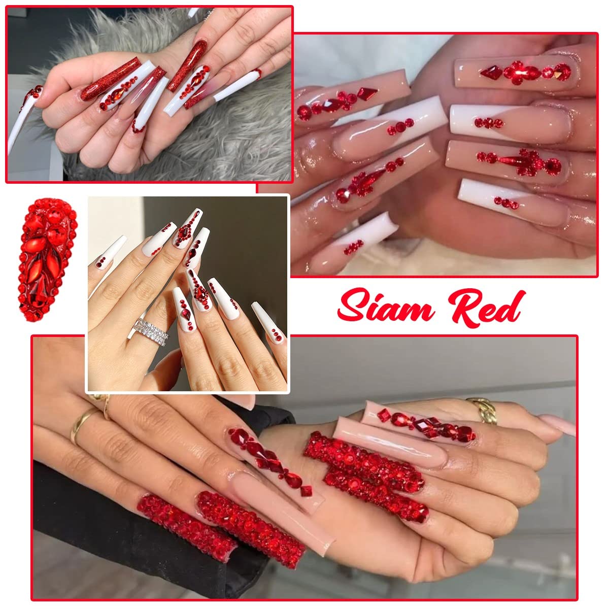 4080Pcs Red Nail Rhinestones Multi Shapes Ruby Rhinestones for Nails 1.5-4mm Crystal Gems Siam Red Round Flatback Beads Glass Stones Diamonds jewels Charms for Nails Face Eyes Makeup DIY Crafts