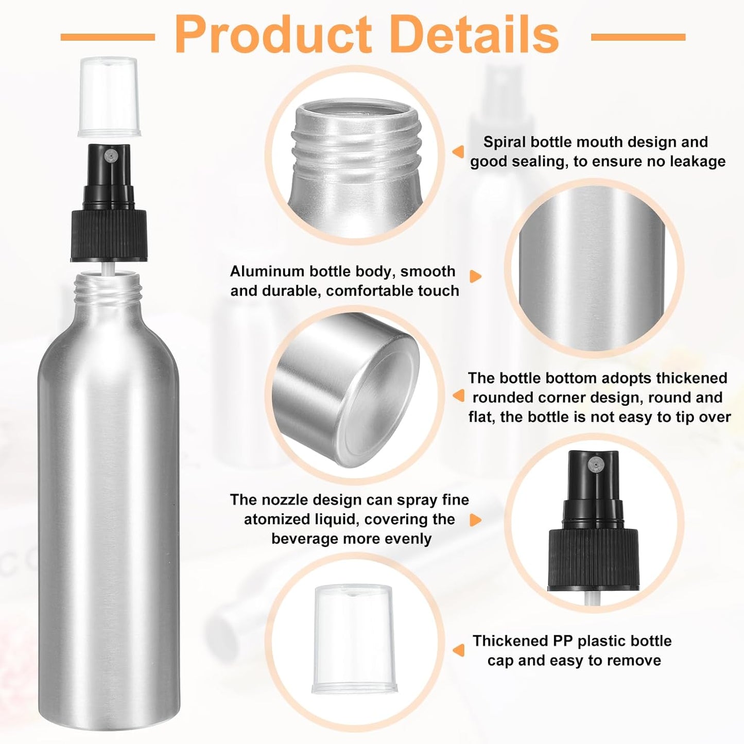 HARFINGTON 5pcs Aluminum Fine Mist Spray Bottles 200ml/6.7oz Metal Small Liquid Alcohol Refillable Travel Container with Black Plastic Nozzle Cap for Perfume Skincare Cosmetic Storage Bottle