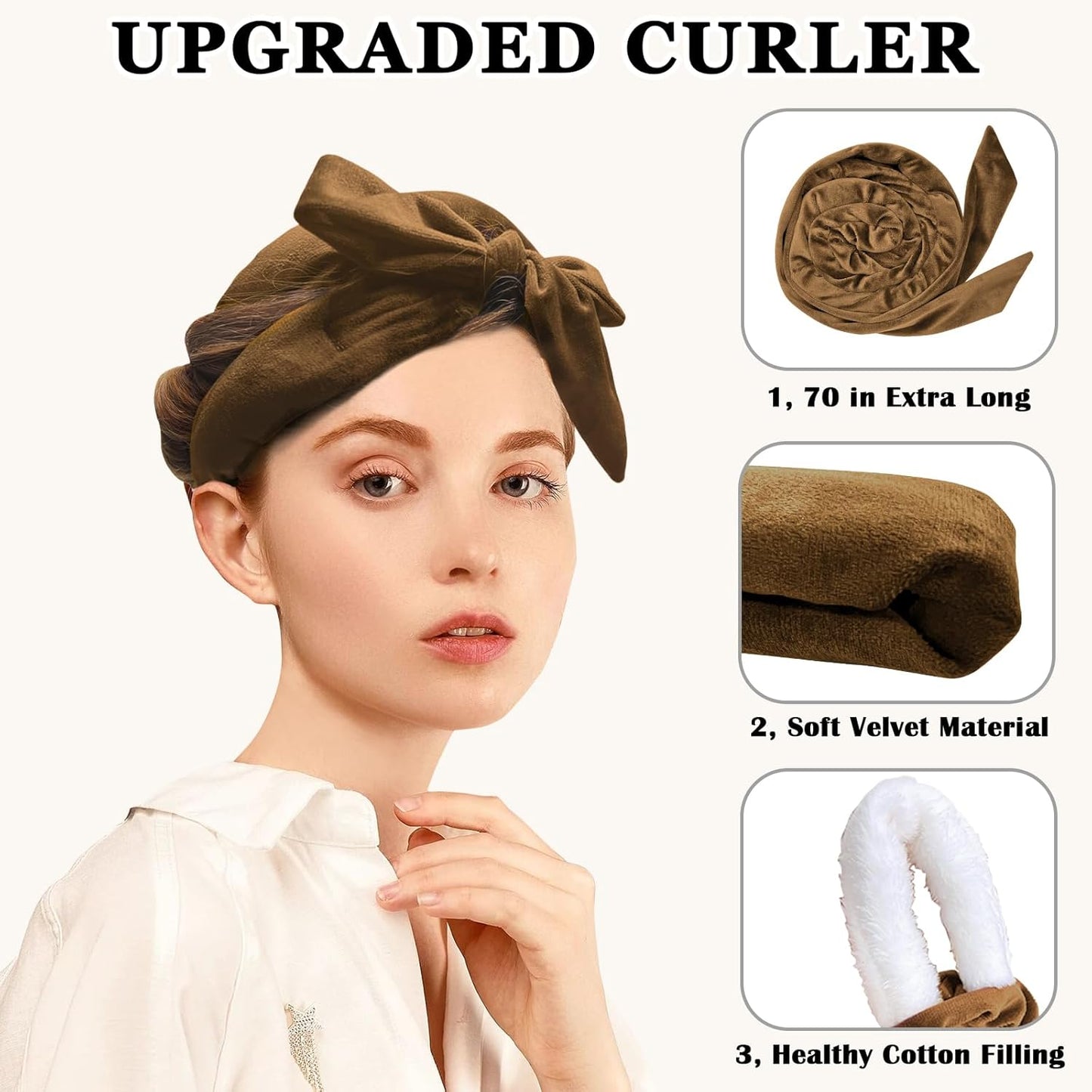 Heatless Curls Overnight Hair Curler, 70" Soft Hair Curlers to Sleep In No Heat Curls Overnight, 9 PCS No Heat Curlers Set for Women - Golden Brown