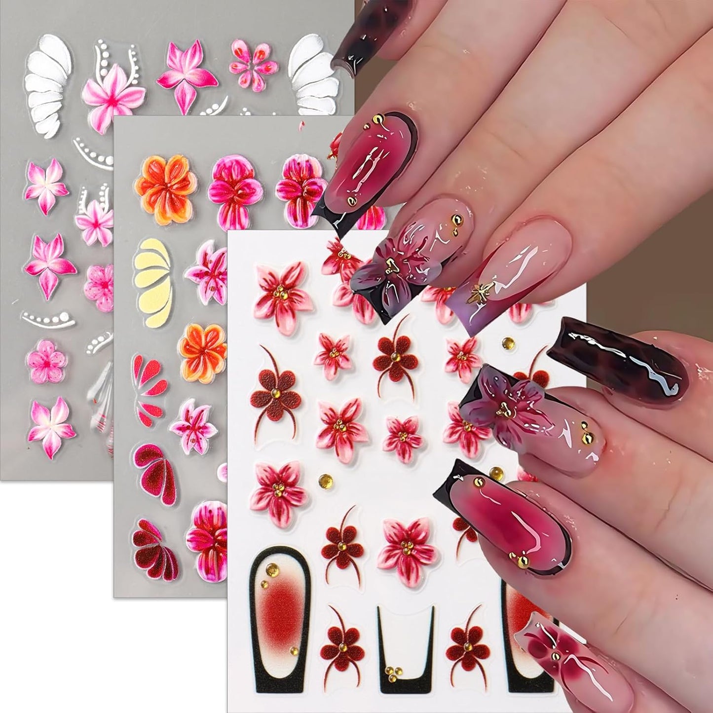 3Sheets 5D Embossed Flowers Nail Art Stickers Self-Adhesive Pink Red Flower Nail Decals Floral French Tips Nail Design Spring Summer Lily Hibiscus Nail Art Supplies for Women Manicure Decorations