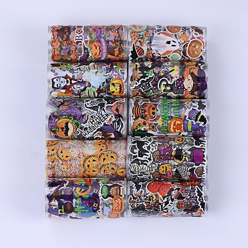 Halloween Nail Foil Transfer Stickers 10 Rolls Orange Pumpkins Skull Nails Stickers Funny Black Hat Nail Foils 1 Box Colorful Starry Sky Paper Nail Decals Halloween Nails Art Sticker Nails Art Decals