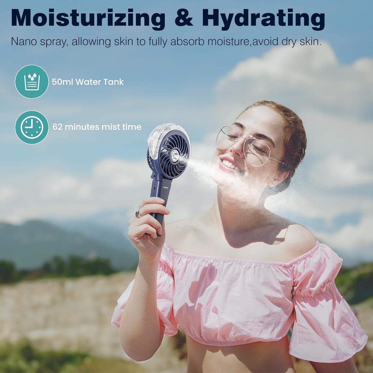 HandFan 4000mAh Upgraded Handheld Misting Fan, 50ml Water Tank, Rechargeable Personal Mister Fan Portable AC, Spray Water Mist Fans, Foldable Cooling Ice Fans for Beach Travel Disney(Royal Blue)