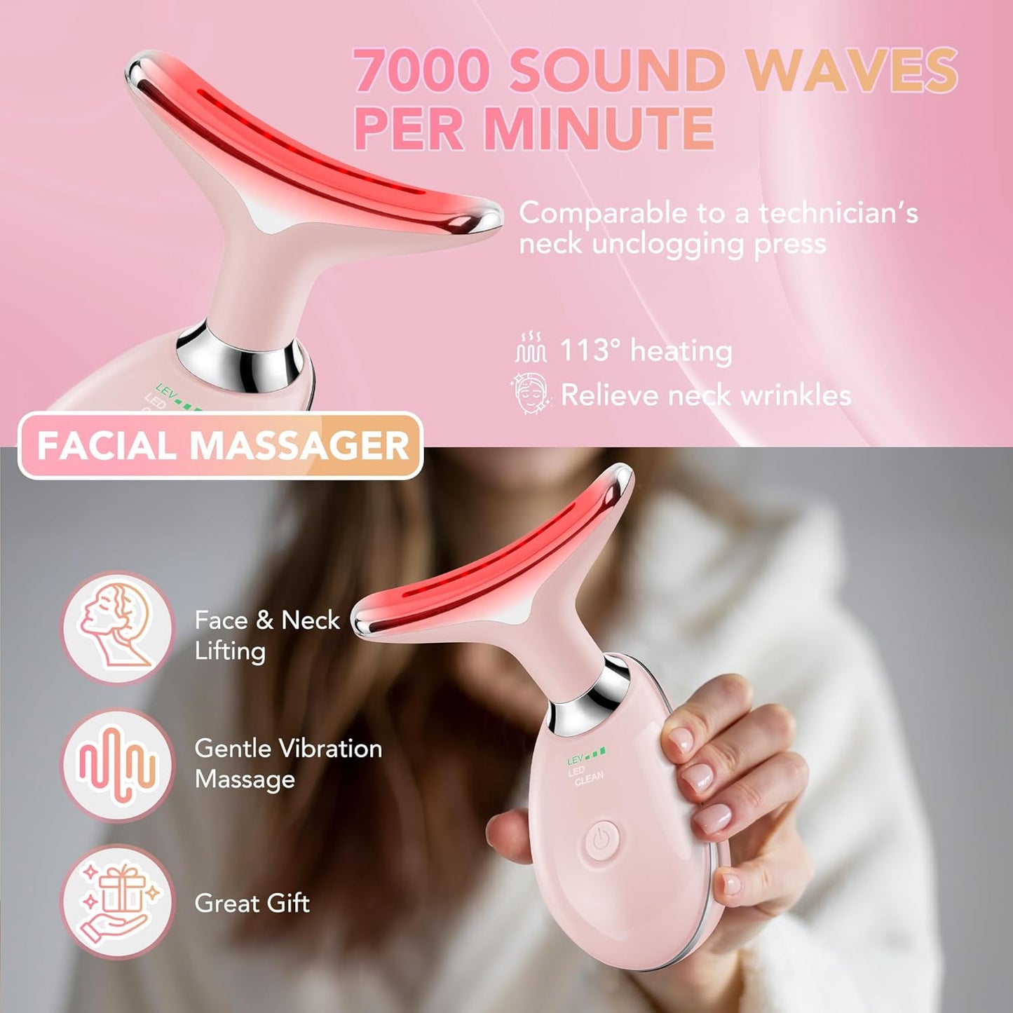 Red-Light-Therapy-for-Face, Facial Massager Wand Tool with 7 Color - Birthday, Christmas, Mothers Day, Valentines Day, Self Care Gifts for Her Women Mom Best Friend Wife Teacher (Pink)