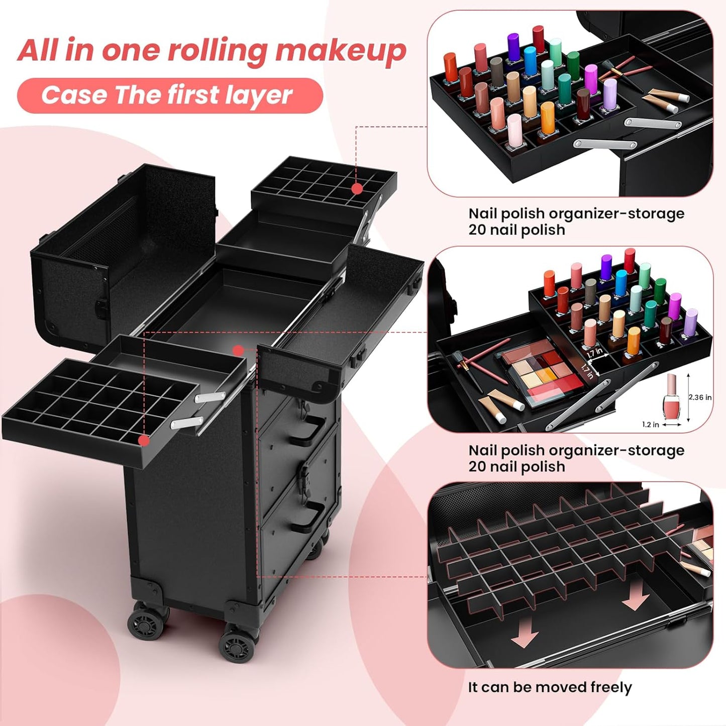 Large Rolling Makeup Train Case, Professional Travel Cosmetology Case on Wheels with Drawers, 3 Tiers Nail Organizers Storage Case for Nail Tech, Tattoo, Hairstylist, Makeup, Extra Large