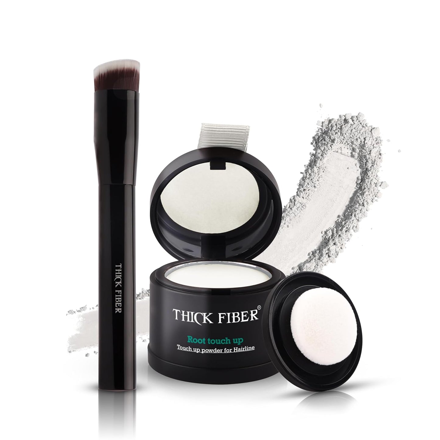THICK FIBER Root Touch Up and Hair Loss Concealer Set - Water & Sweat Resistant Hairline Powder for Thinning Hair, Women - Includes Brush (White)