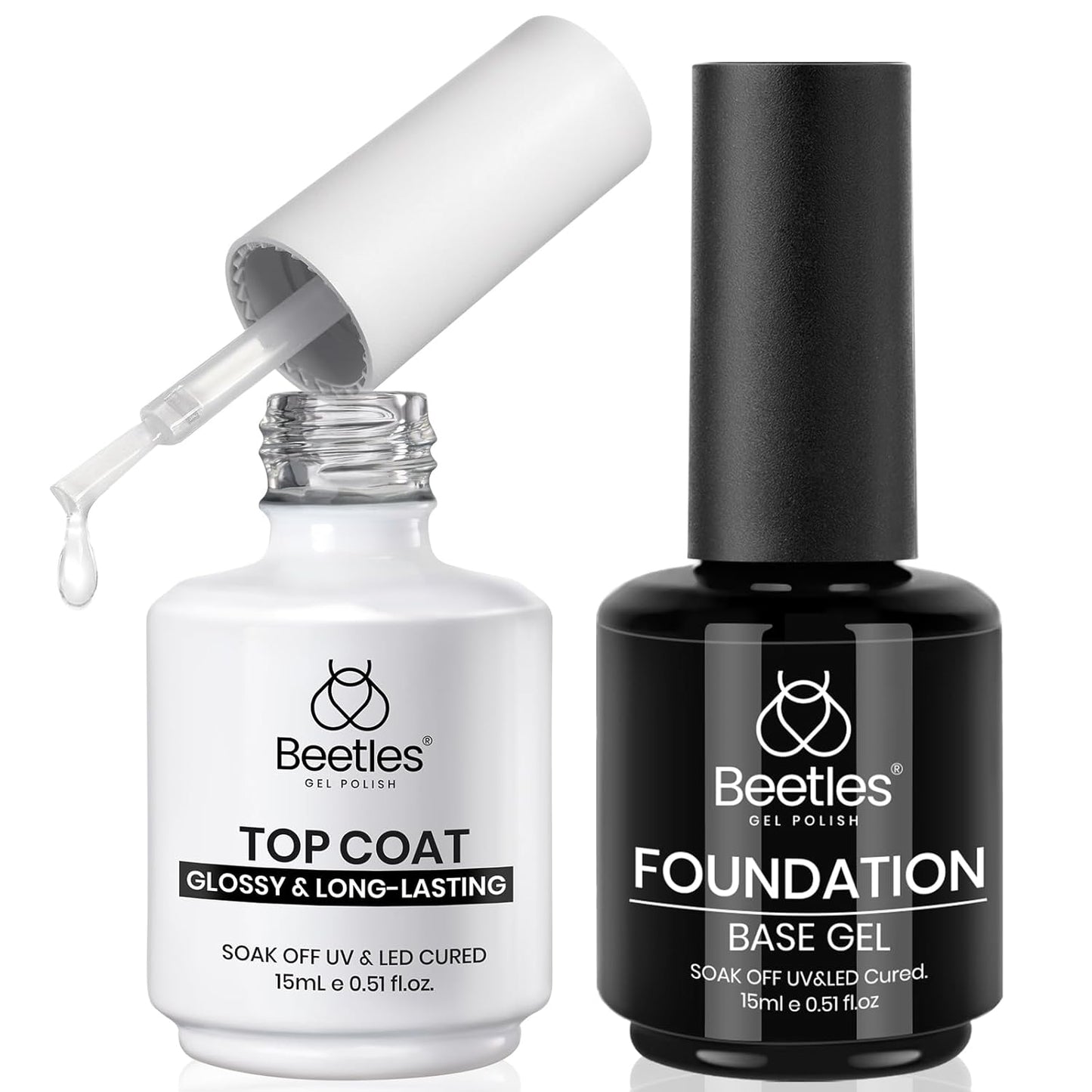 Beetles 2Pcs 15ml Base and Top Coat Set - Upgrade No Wipe Extra Glossy Gel Top Coat Finish for Gel Nail Polish, Soak Off UV/LED Lamp Needed, Essentials for Long-Lasting Manicure Halloween Kit