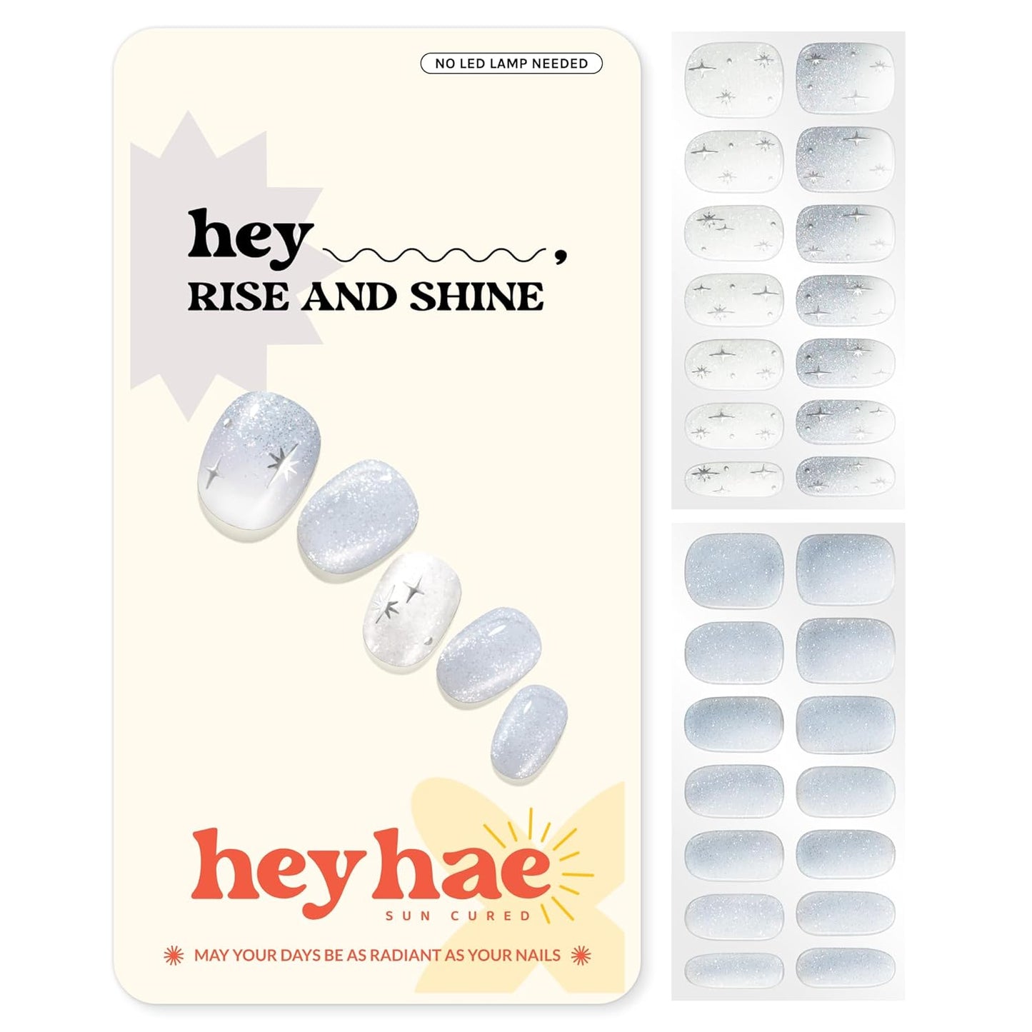 Semi Cured Gel Nail Strips | No LED Lamp Needed | Glitter, Blue, White | Easy Apply & Remove, Salon Quality | Includes 28 Strips, 1 Prep Pads, Nail File & Wooden Stick - Hey, Rise and Shine