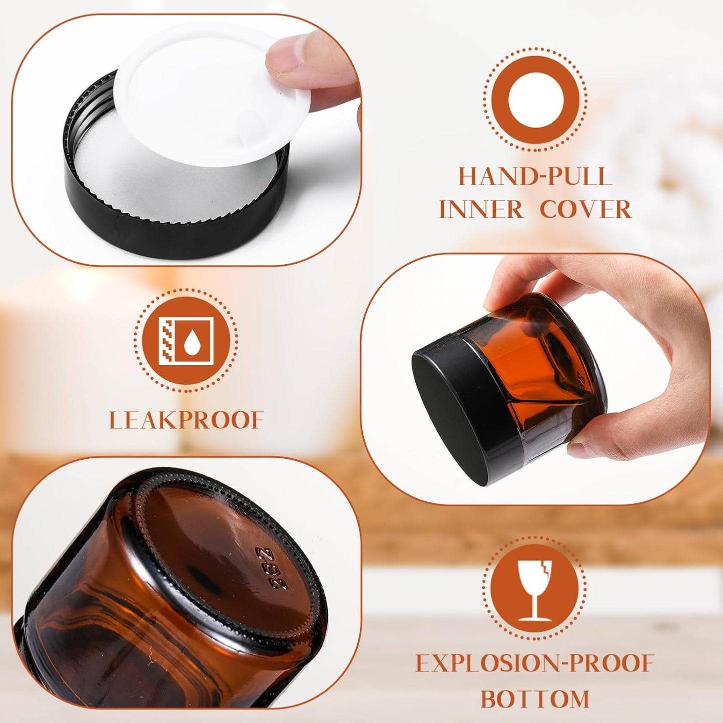 Domensi 48 Pcs 2 oz Glass Jars with Lids Travel Size Round Leakproof Empty Cosmetic Jars with Inner Liners Lid for Storing Makeup Lotions Face Cream Ointments Candle DIY Making (Amber)