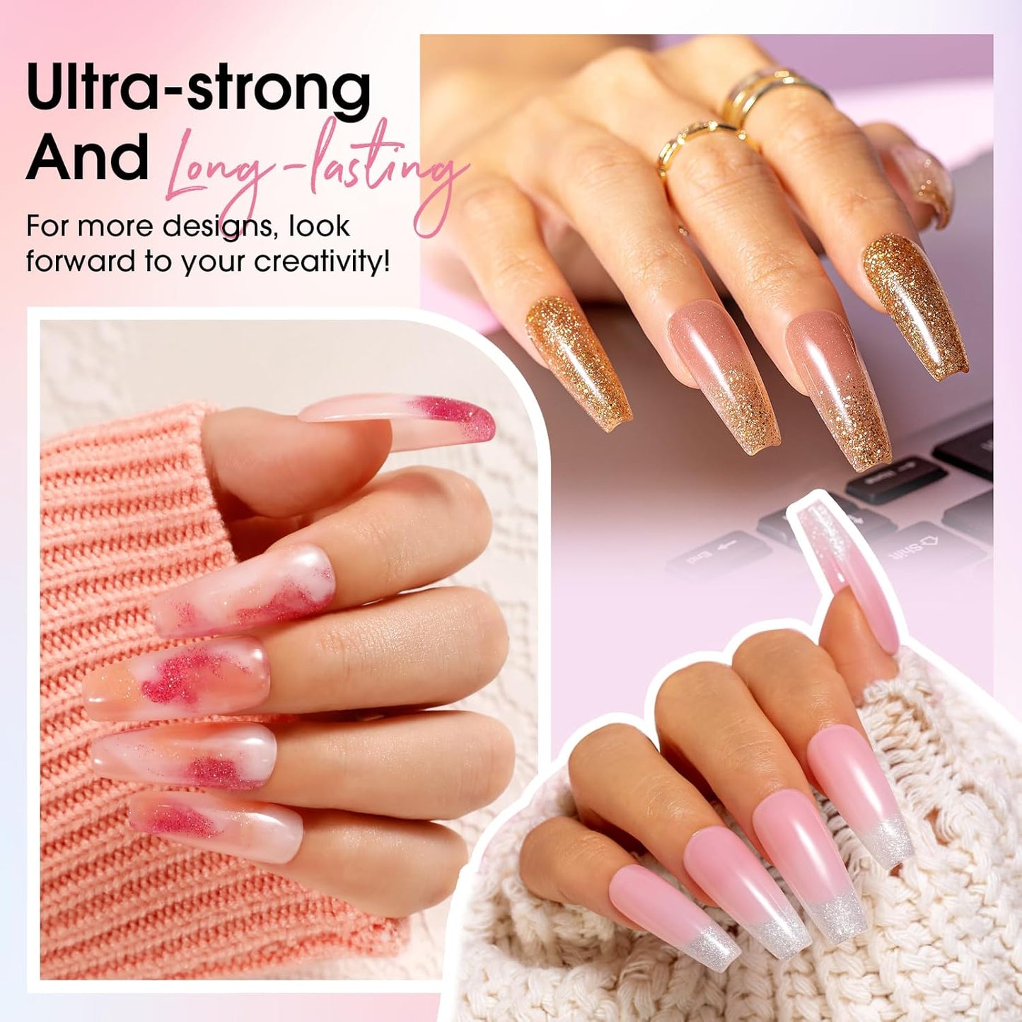 ROSALIND 20PCS Poly Nail Gel Kit -White Clear Poly Nails Gel Kit Starter Kit - Slip Solution Pro Nude Pink Nail Extensions Gel Set With UV Lamp Drill Nail Art Builder Kit