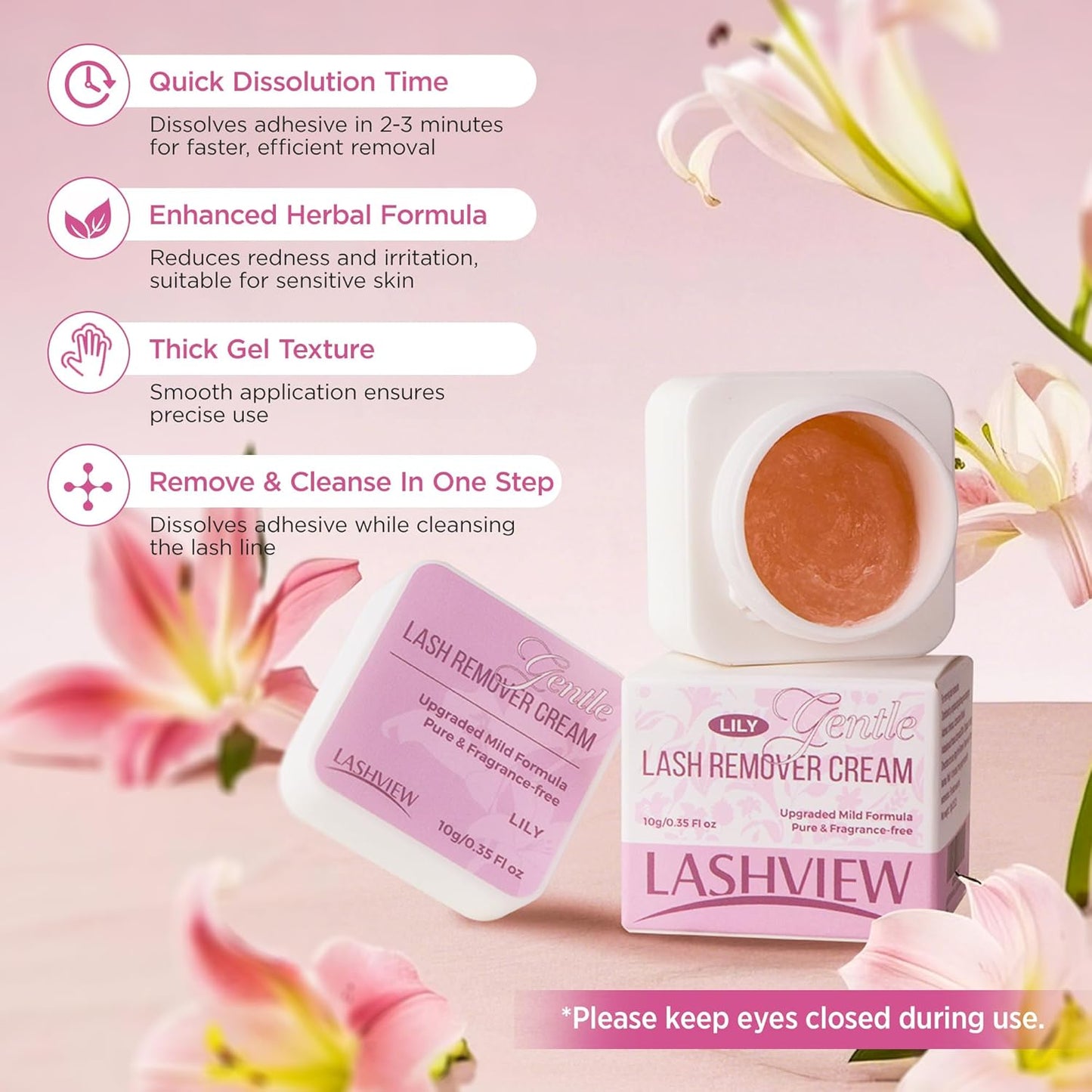 LASHVIEW Eyelash Extension Remover Cream - 1-3 Minutes Fast & Gentle Removal, Low Irritation Gel Texture for Sensitive Skin, Infused with Lily, 10g