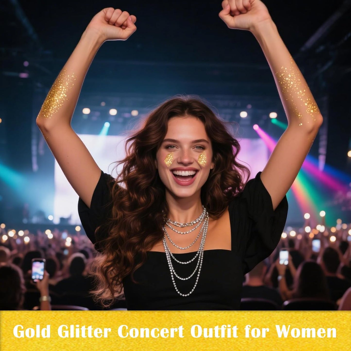 MEICOLY Gold Body Glitter,Yellow Face Glitter,Music Festival Outfits for Women,Hair Glitter Kids Sequins Makeup,Sparkle Face Body Glitter for Country Singer Concert,Mardi Gras Accessories