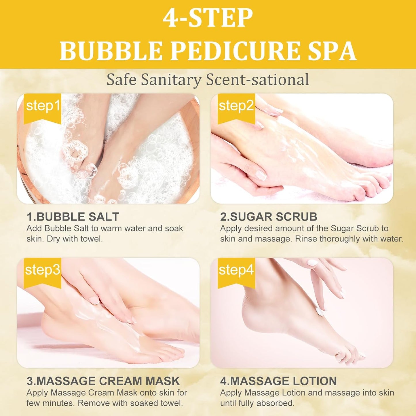 Pedicure Kit Foot Soak Set: Bubble Salt, Sugar Scrub, Massage Mask, Massage Lotion in a Box, 4 Step Foot Spa Kit for Dry Feet,Tired Feet（3 Set Mango)