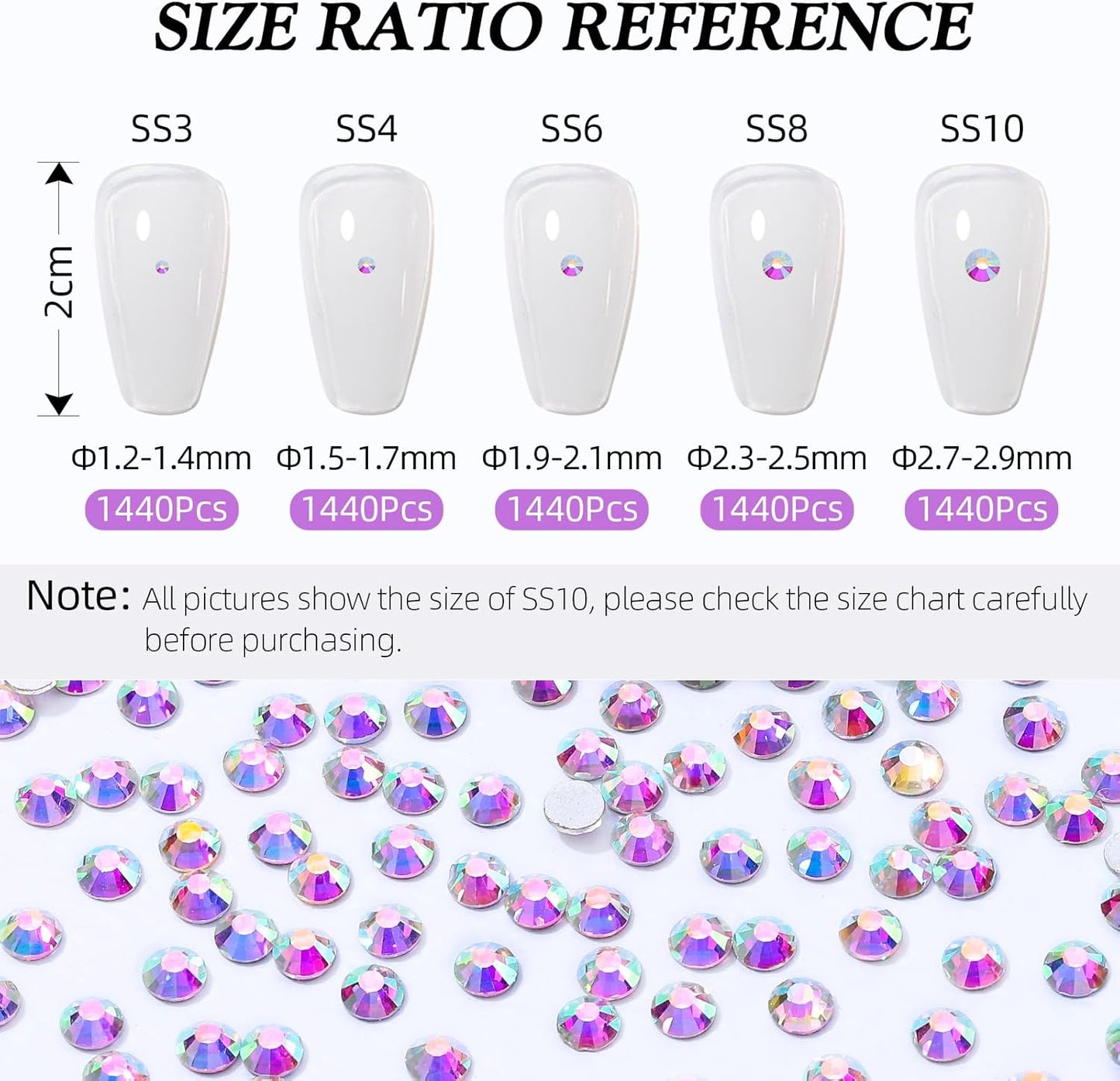 Crystal AB Flatback Rhinestones, Glass Rhinestones for Nail Art and Craft, Glue Fix, Loose Crystal Gemstones(Crystal AB, SS6, 1440pcs, 1.9-2.0mm)