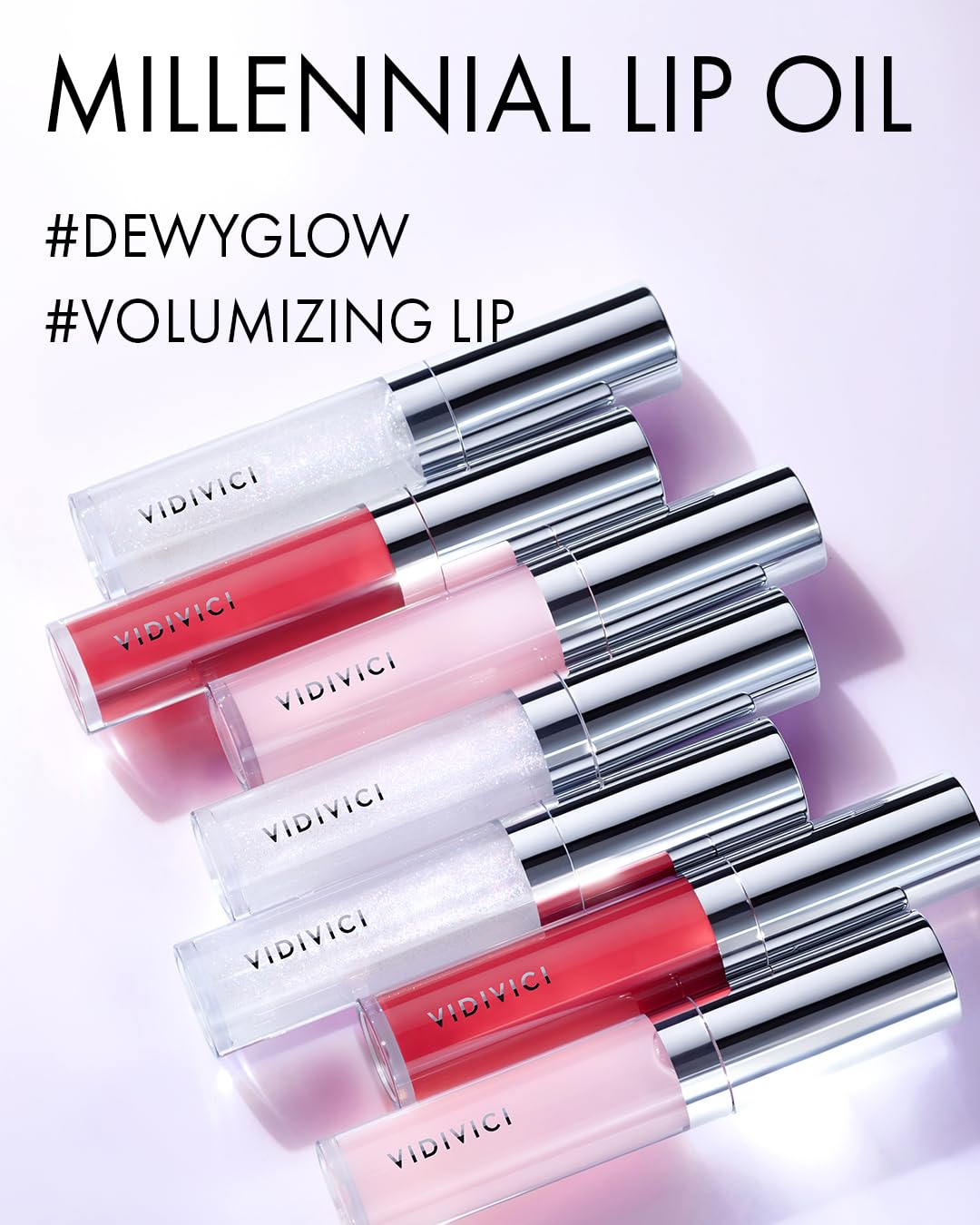 VIDIVICI Millennial Lip Oil #02 Illumination - Non-Sticky Dewy Gloss for Moisturized & Voluminous Lips - Illuminating Transparent Lavender-Blue Glitter Lip Makeup, 0.12 fl.oz.