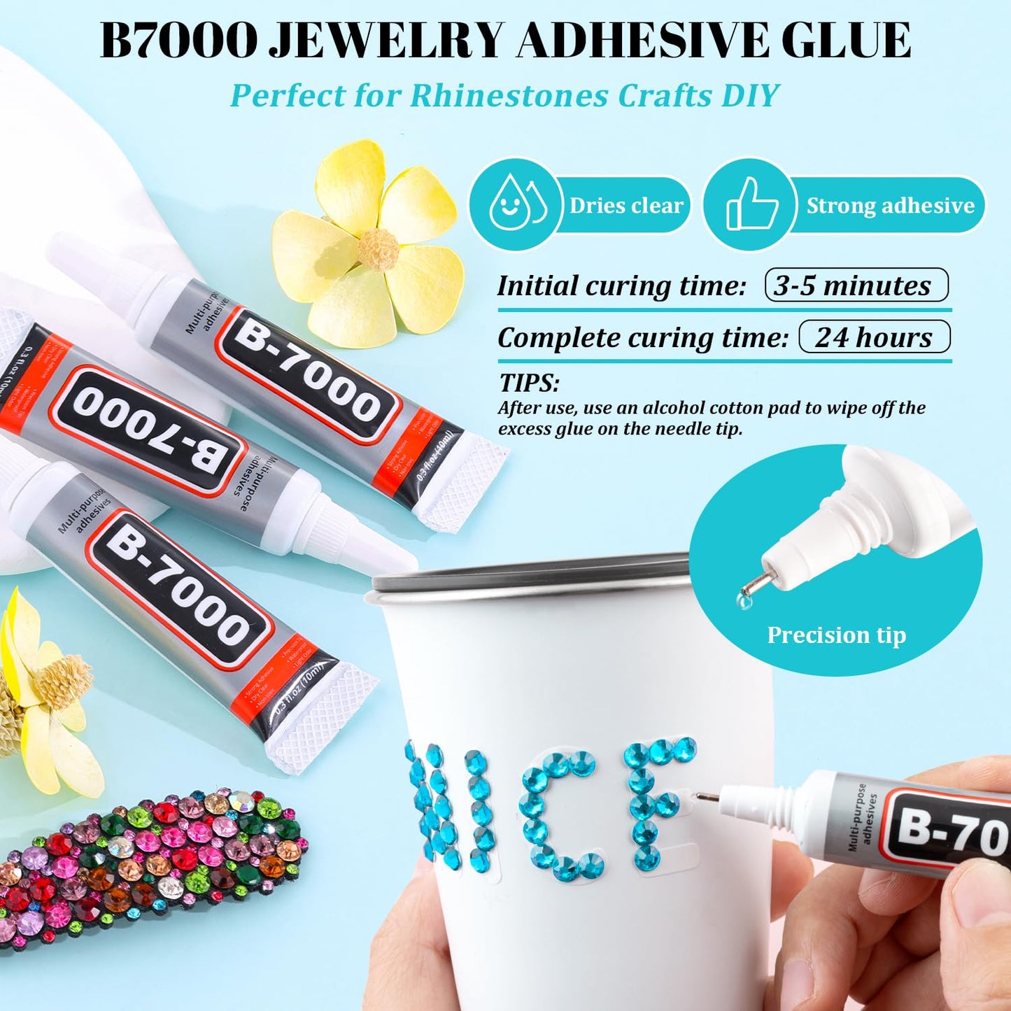 6100Pcs Resin Rhinestones for Crafting with 2Pcs 10ml B7000 Jewelry Glue, 1 Box Flatback Crystals Diamond (Indicolite) for Bedazzling Crafts DIY Nail Art Non Hotfix Gems for Clothing Shoes