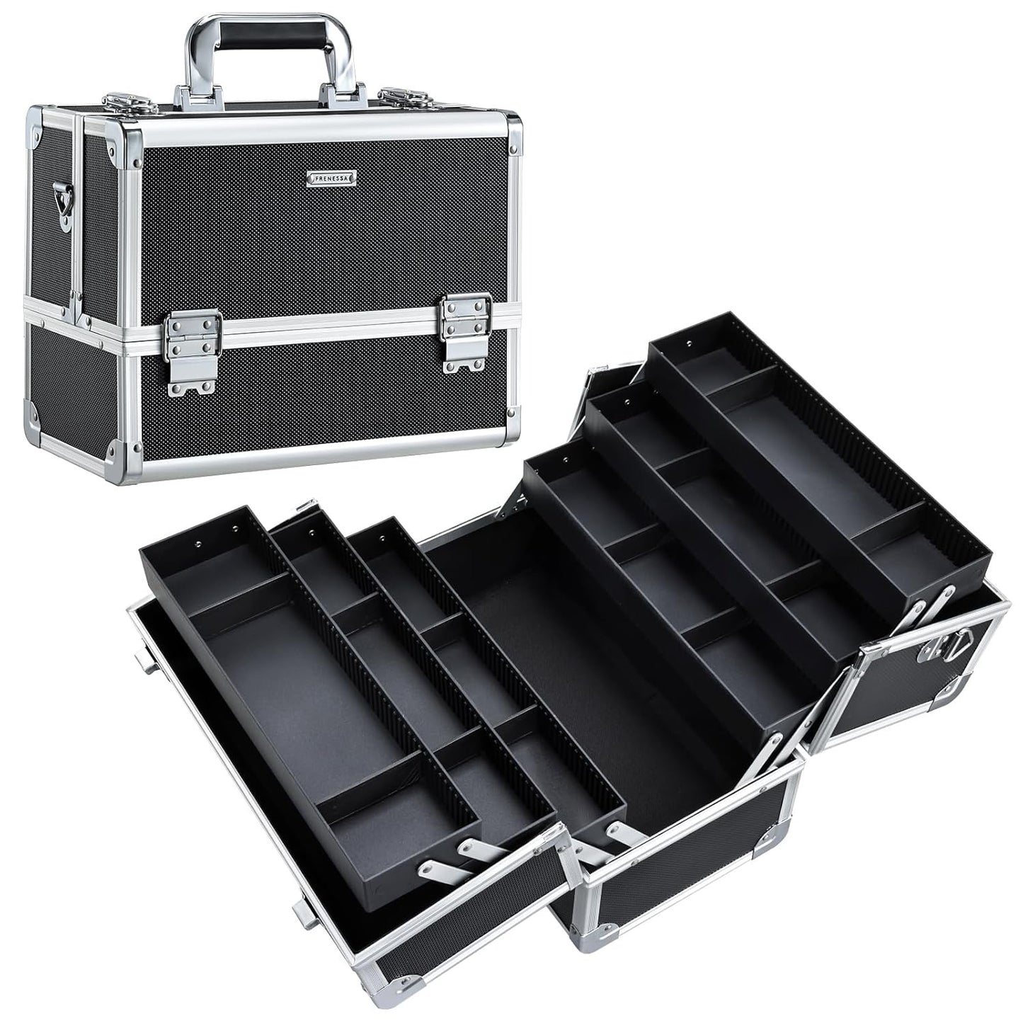 FRENESSA Makeup Train Case Makeup Case 12.6 Inch Large Cosmetic Box Organizer Travel Storage Professional Make Up Train Carrying Case with 6 Trays Locking Shoulder Strap Hard Vanity Storage Black