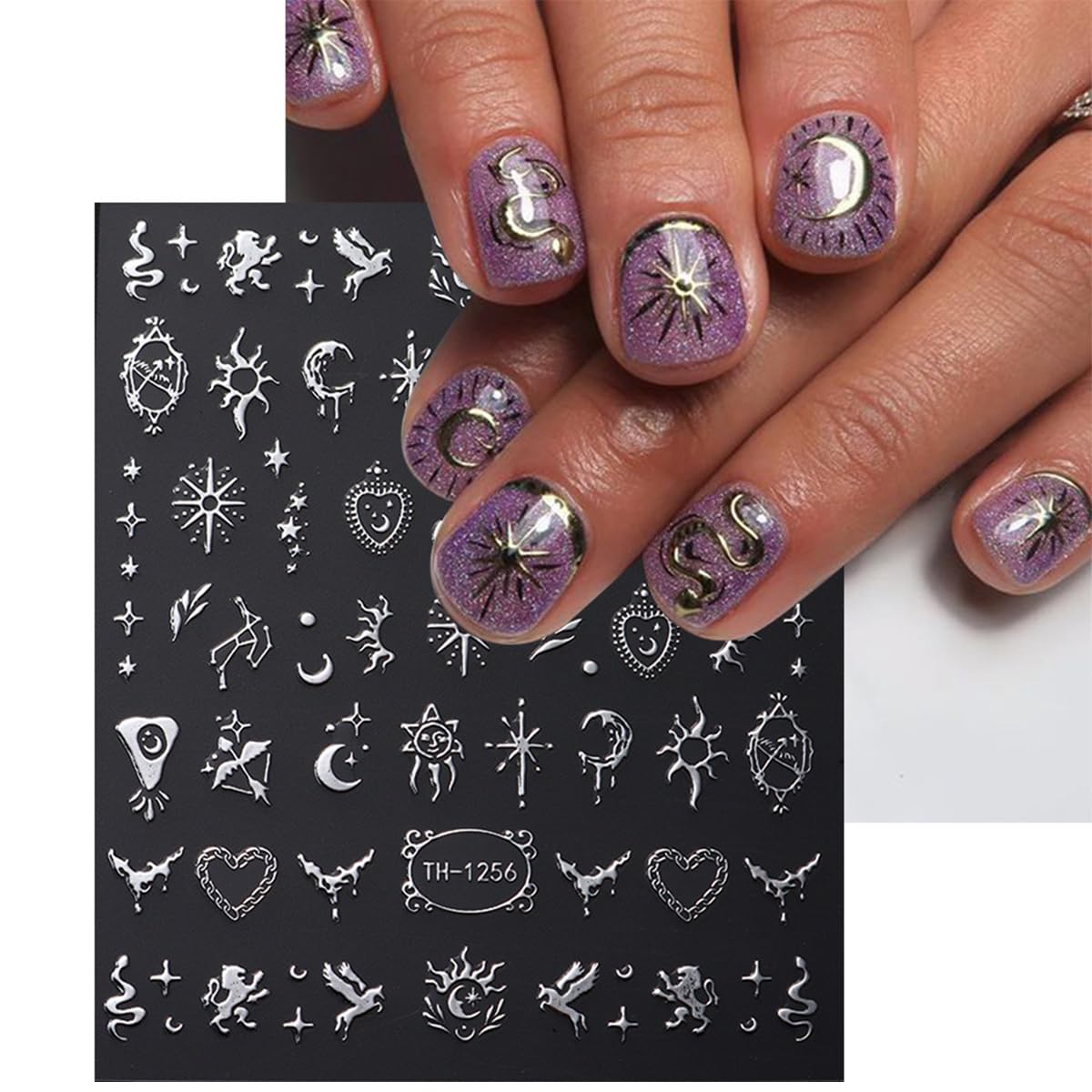 6 Sheets Metallic Nail Art Stickers Decals-3D Self-Adhesive Sun Stars Moon Nail Design Luxury Silver Metallic Nail Supplies Designer Nail Stickers for Women Acrylic Nails Decorations Accessories Craft