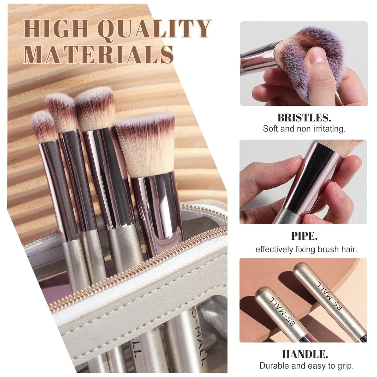 BS-MALL Makeup Brushes Set 14 Pcs with 1 Pcs Makeup Sponge – Essential Foundation Powder Concealers, Eye Shadows, Blush Makeup Brushes with Travel Makeup Case (Champagne)
