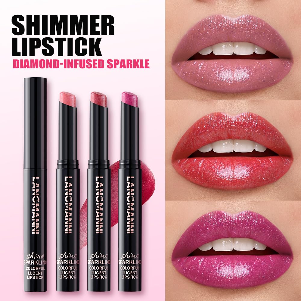Jolilab 2Pcs Sparkling Lipstick Lip Gloss Long Lasting Waterproof Moisturizer Lip Balm Glitter Shimmer Metallic Lipstick, Diamond Shiny Bold Glow Goth Lipstick for Women Girls,Non-sticky(05+06