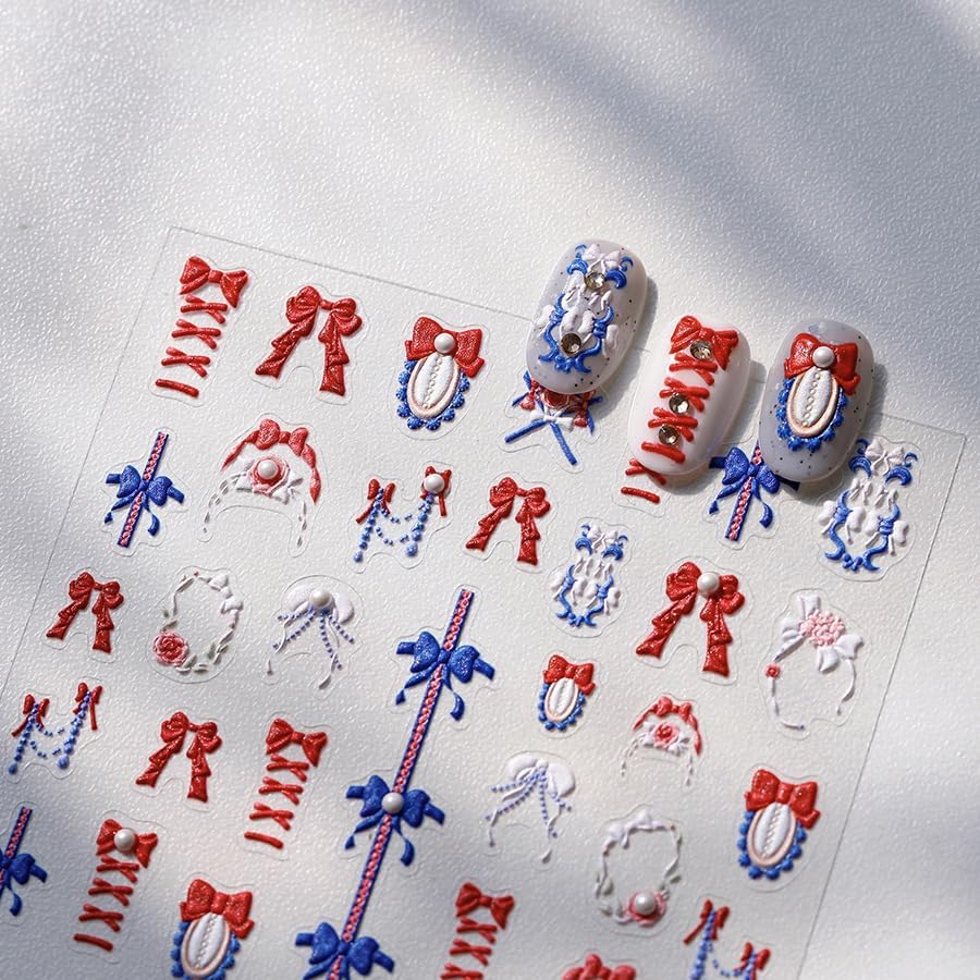 5D Embossed Bows Nail Stickers, Pearl Nail Art Sticker Self-Adhesive Nail Decals for Women Red and Blue Nail Supplies Art Design Stickers (1, Red and Blue)