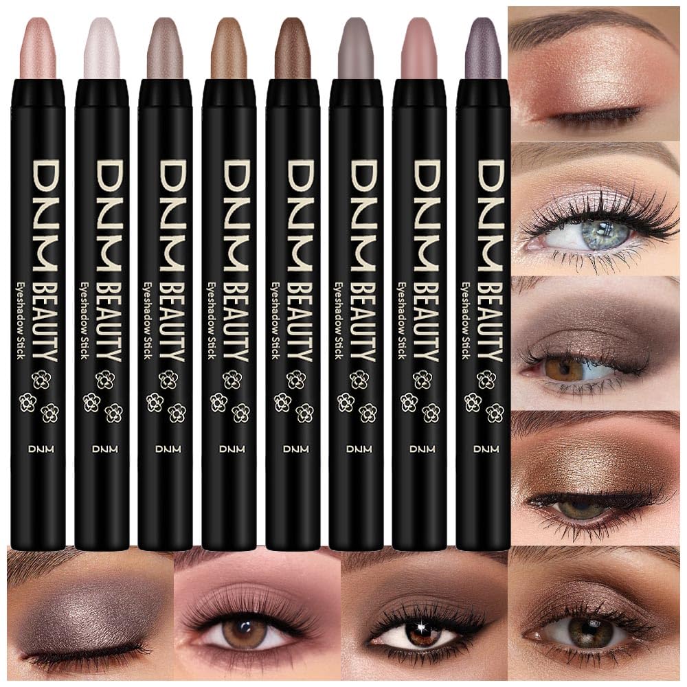 8Pcs Cream Eye Shadow Brightener Stick Makeup Set, Champagne Pearl Taupe Bronze Cocoa Stone Putty Smoky Amethyst Shimmer Matte Eyeshadow Eyeliner Pencil Applicator Stick Palette Makeup for Older Women