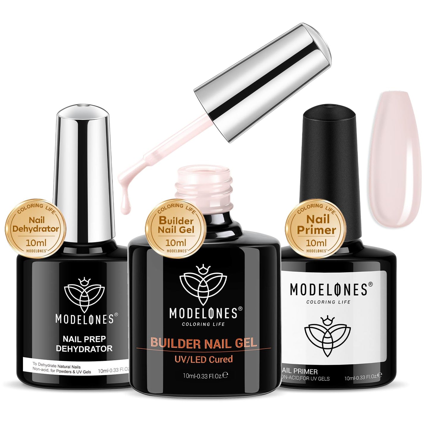 modelones Nail Dehydrator and Primer with Builder Nail Gel, 3Pcs Cover Nude Pink LED Gel Builder Polish Base Coat Prep Dehydrate & Bond Primer for Apex Building Thickening 10ml Home DIY Salon