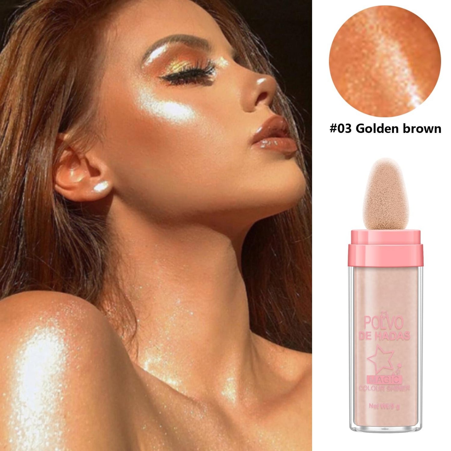 Polvo De Hadas Fairy Dust Highlight Patting Powder - Full Body Contouring and Clavicle Pearlescent Patting Powder for Face and Eye, Christmas Sparkling Body Glitter (#03 Golden Brown)