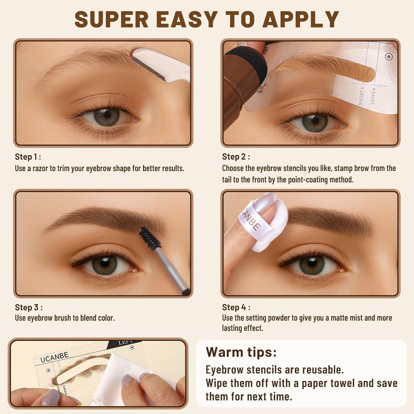 UCANBE 25PCS Eyebrow Stamp Stencil Kit With Dual-Color Eyebrow Stamp Pomade,20 Reusable Eyebrow Stencils,Finising Powder,Brush,Eyebrow Razor,Zipper Pouch,Waterproof Eye Brow Stamping and Shaping Kit01