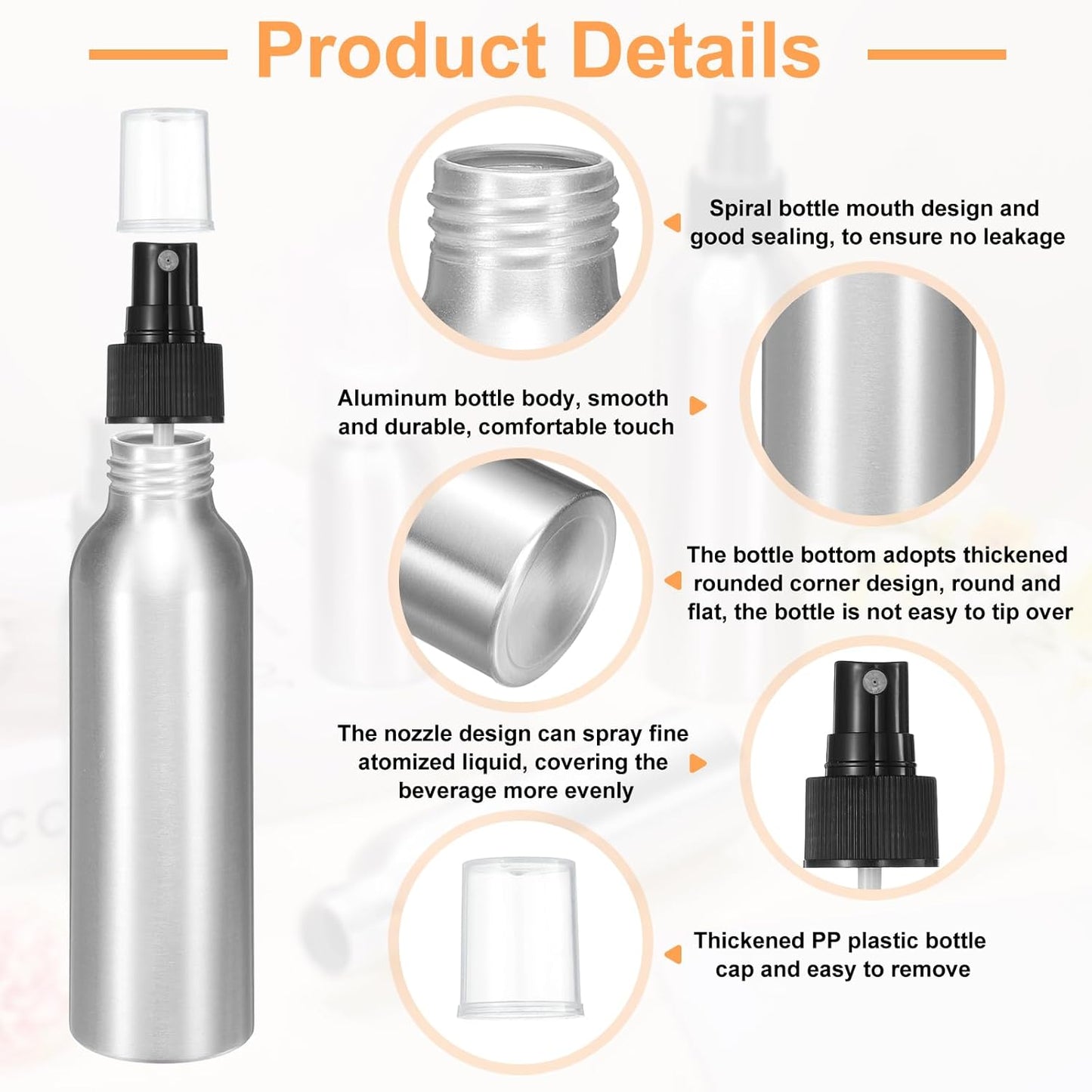 HARFINGTON 3pcs Aluminum Fine Mist Spray Bottles 120ml/4oz Metal Small Liquid Alcohol Refillable Travel Container with Black Plastic Nozzle Cap for Perfume Skincare Cosmetic Storage Bottle