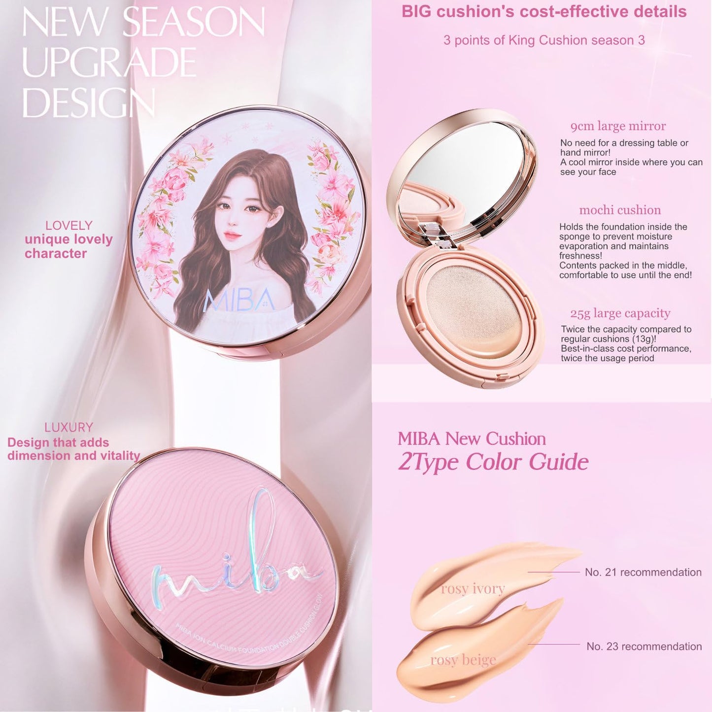MIBA Ion Calcium Foundation Double Cushion Glow 25 g / 0.88 oz Big Cushion SEASON 3. Long Lasting Cover Effect. Moisture glow. Skin tightening relief. Smooth adhesion. (Lovely #23 Rosy Beige)