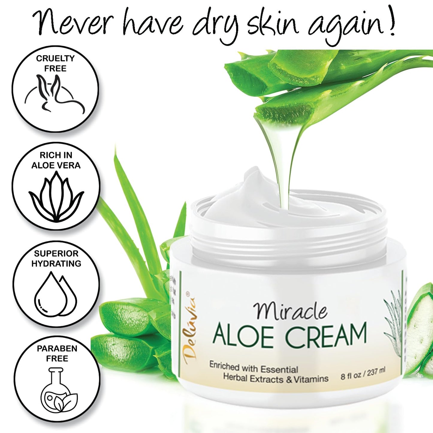Deluvia Miracle Aloe Cream | Face & Body Moisturizer with Vitamin E & Organic Aloe Vera | Hydrating, Soothing for Dry Skin, Anti-Wrinkle, Acne Scars, Rosacea, Psoriasis, Eczema - 2 Pack